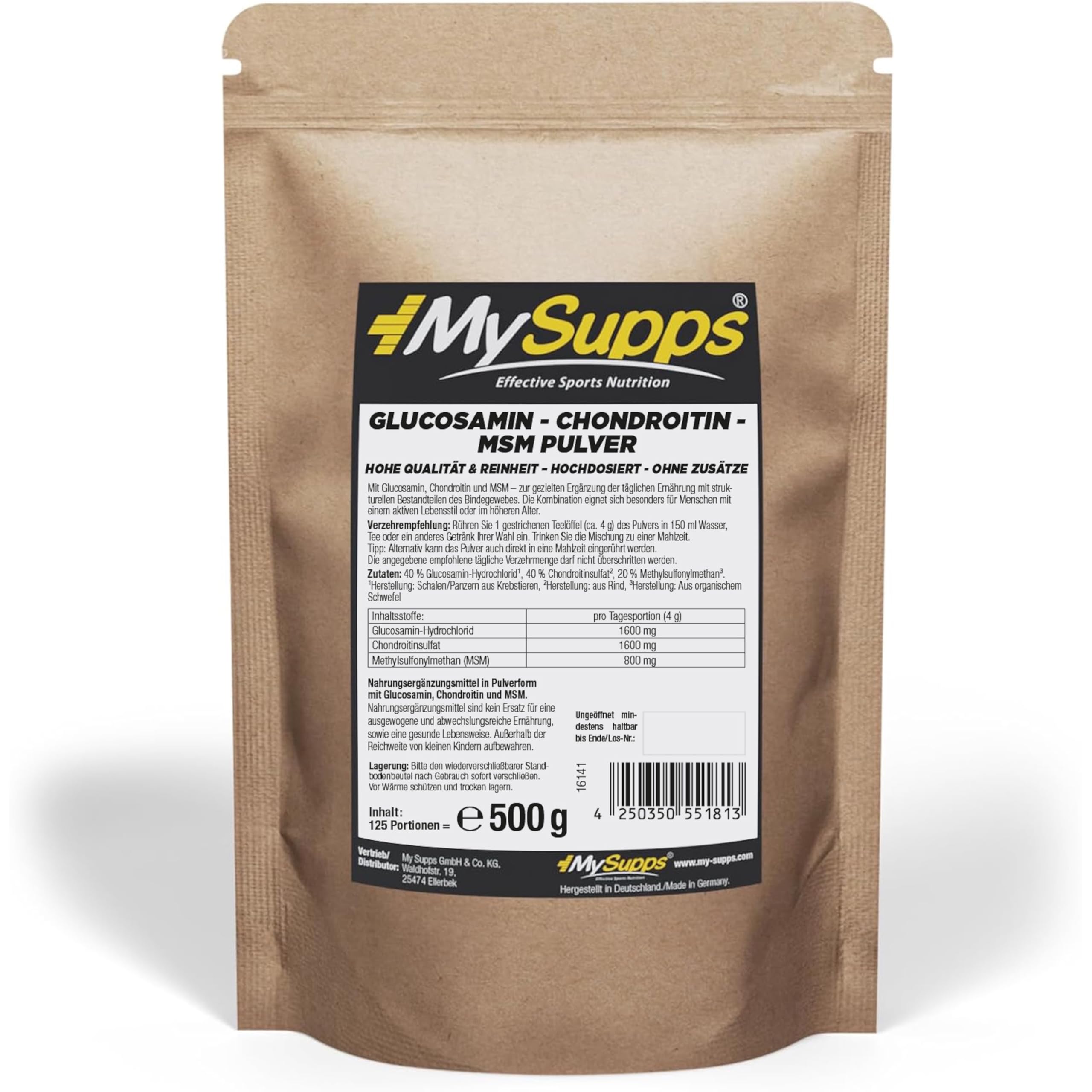 My Supps Glucosamin Chondroitin MSM Komplex l 500g Pulver hochdosiert für 4 Monate | 40% Glucosamin, 40% Chondroitinsulfat, 20% MSM | Neutral & gut löslich | Ohne Zusätze | Made in Germany