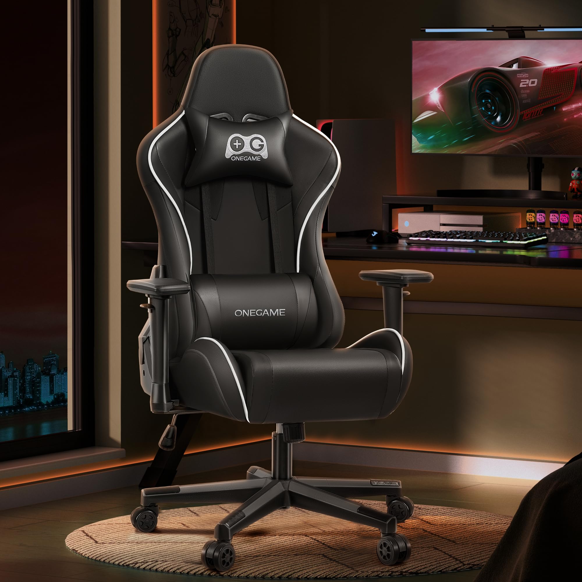 OneGame Sedia Gaming, 3D Braccioli Ergonomico Sedia da Gioco per Computer, Ufficio Regolabile in Altezza, Girevole con Cchienale Regolabile 155°, Nero