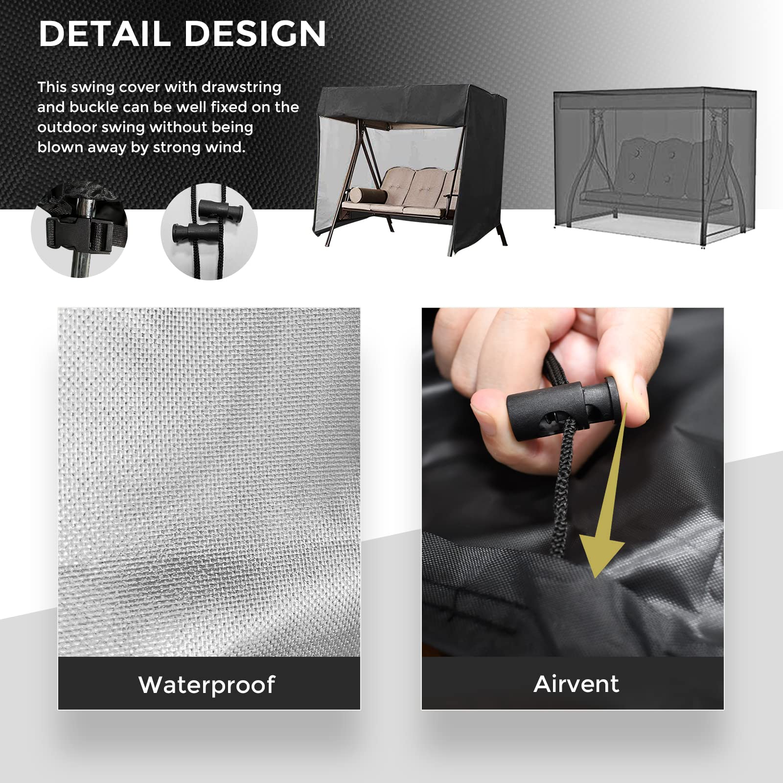 Telo impermeabile per dondolo da giardino a 3 posti, in tessuto di bue, 220 x 125 x 170 cm, colore nero, resistente alle intemperie