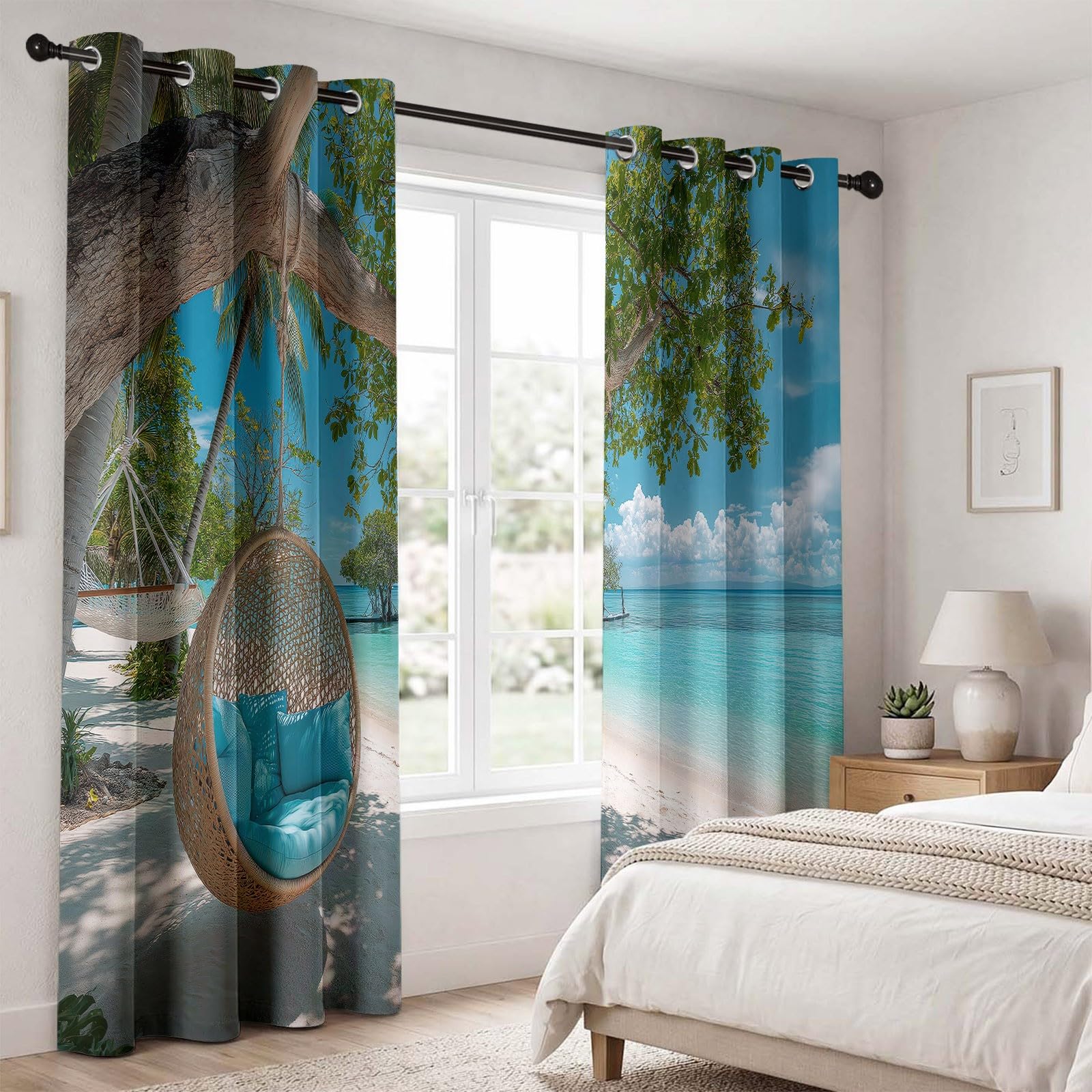 Tenda oscurante termica isolante anti anti calore, finestra oscurante marina, natura, spiaggia, tropicale, palma mare scuro, con occhielli, anti freddo, raggi UV, rumore, soggiorno, camera da letto