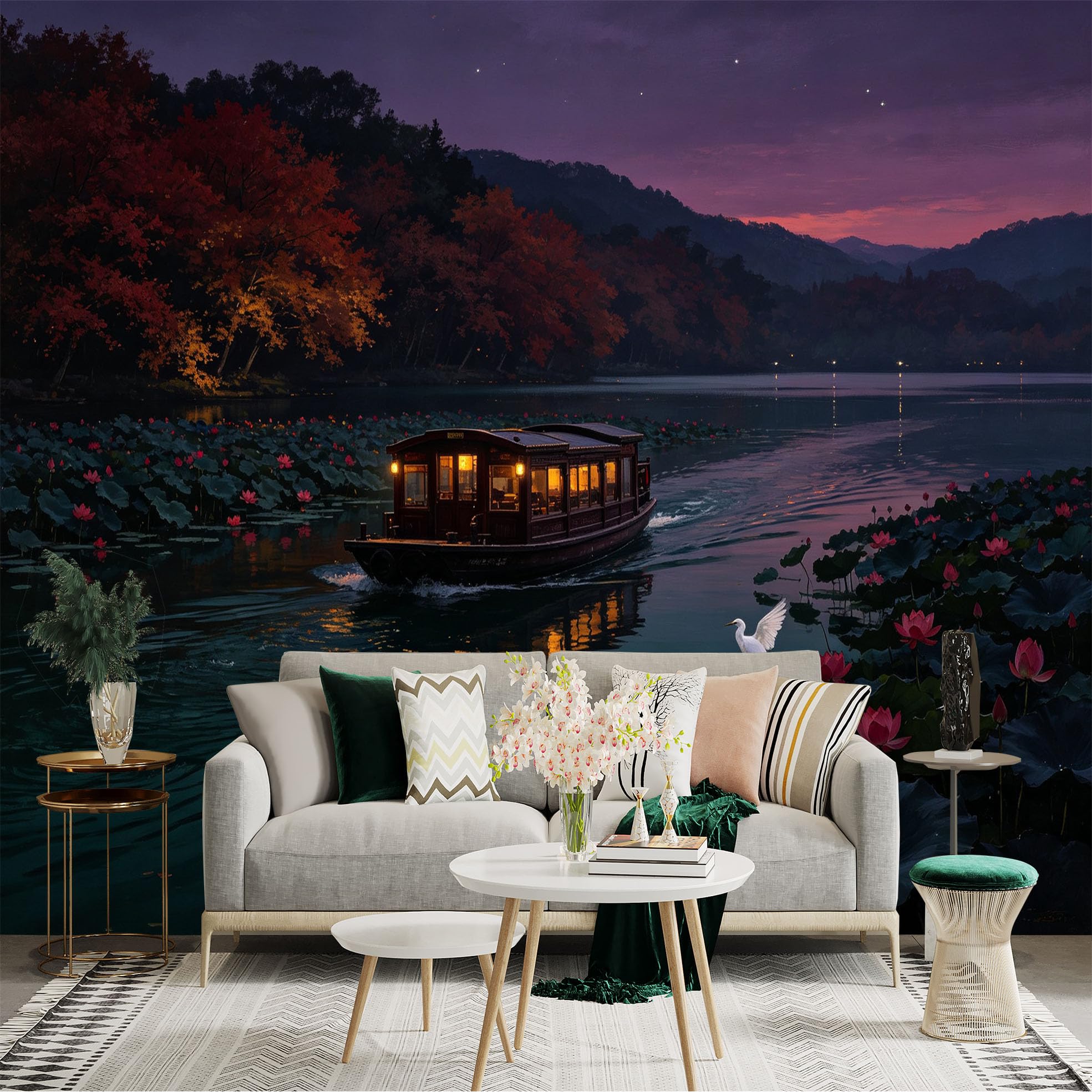 Custom Size Wall Sticker Mural， Traditional Wooden Boat on Calm Lake， Autumn Foliage and Pink Lotus Flowers， Serene Twilight Scenery， for wall Decoration， peelandstick wall Decals.