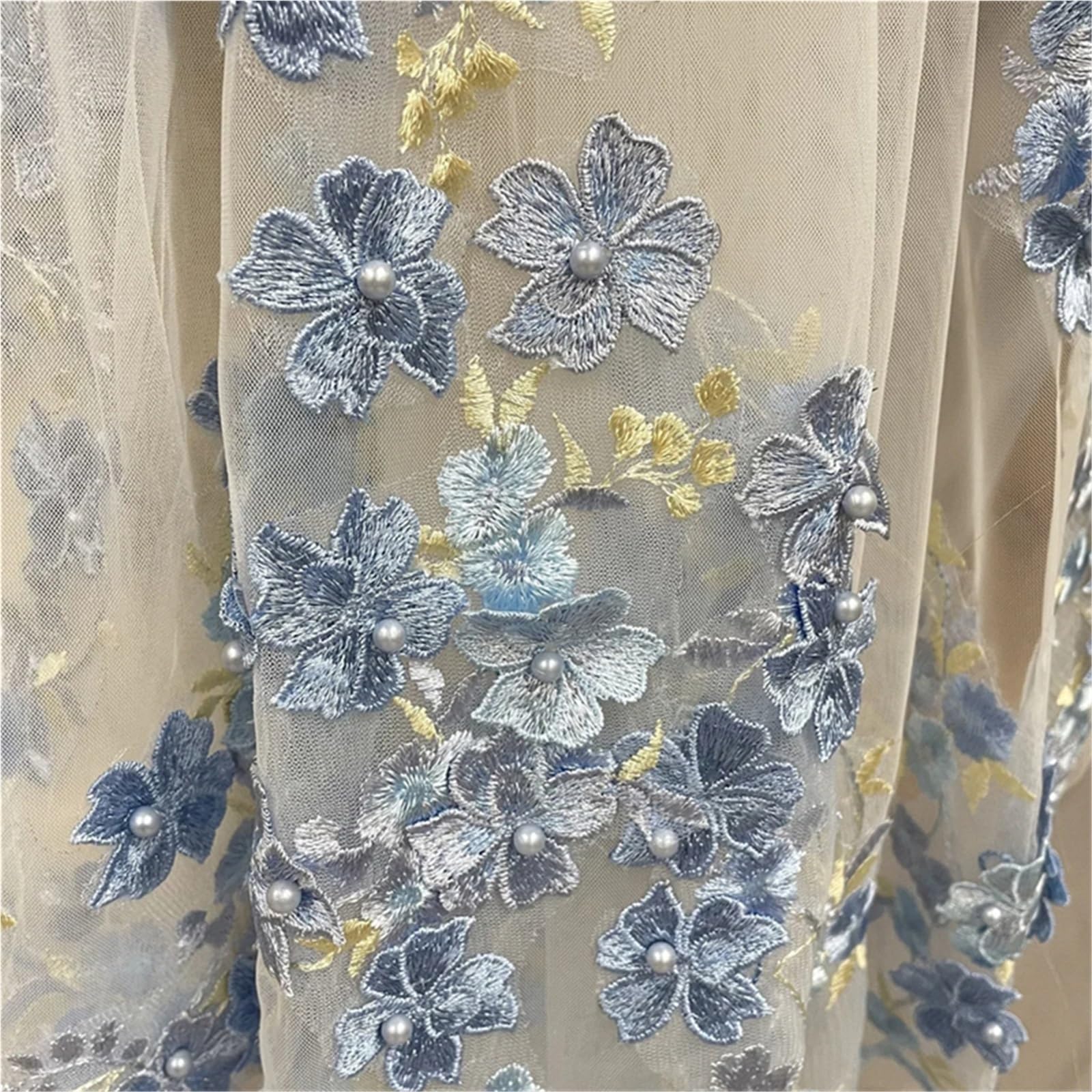 Genérico Algo azul con cuentas perla velo de novia, longitud corta de la yema del dedo velo de novia borde bordado peine de metal