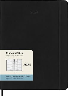 Moleskine Monatsplaner 12 Monate 2024, Planer 2024, XL-Format 19x25, Weicher Einband und elastischer Verschluss, Farbe Schwarz