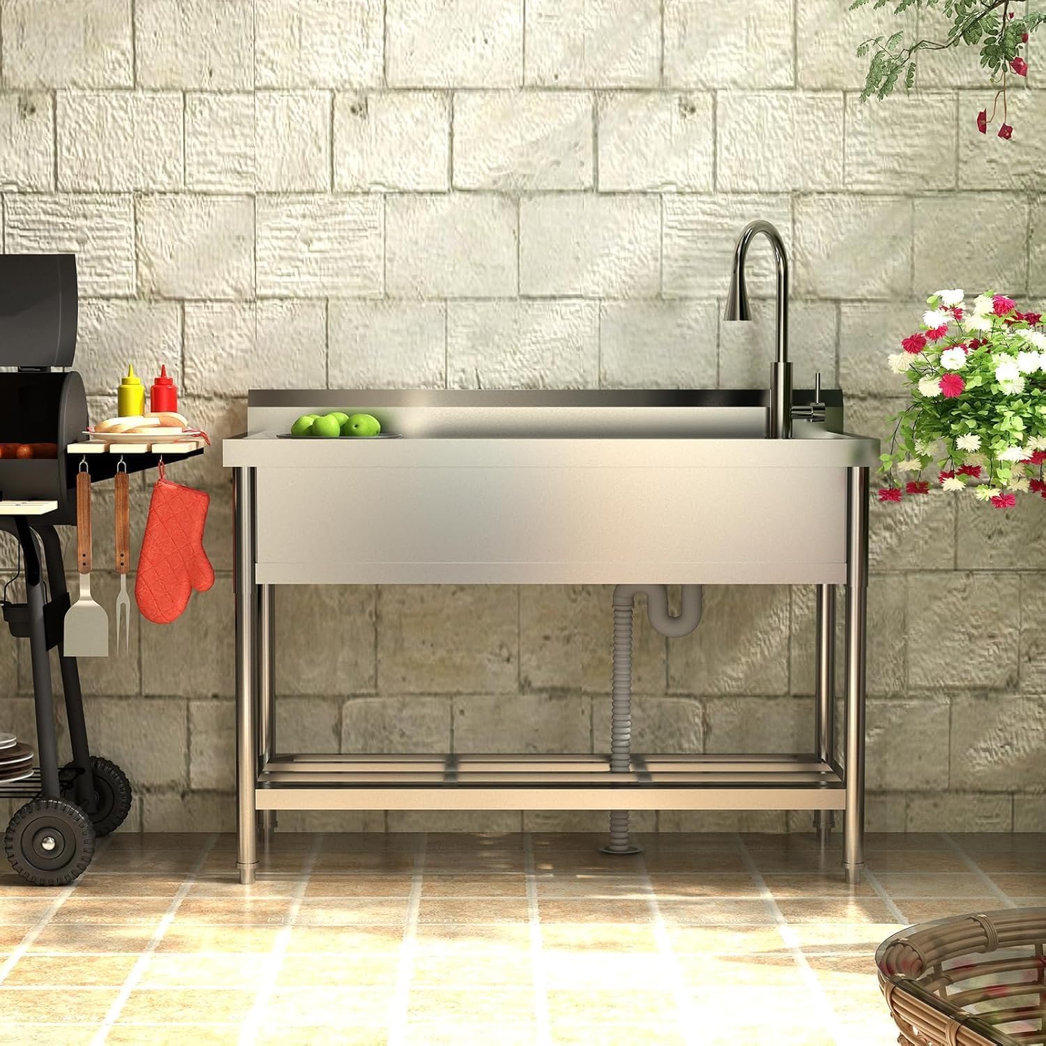 47"x37"x42.5" Stainless Steel Utility Sink, Freestanding Single Bowl with Hot & Cold Water Faucet, Commercial Kitchen Laundry Bathroom Garage Garden Sink
