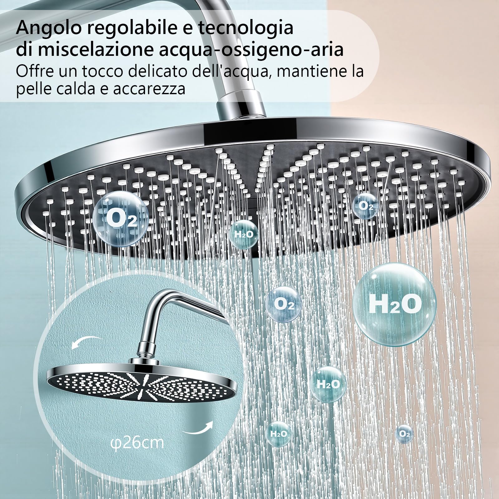 Kit doccia senza rubinetto regolabile in altezza Soffione a pioggia rotondo 26 cm e doccetta manuale 3 getti Acciaio inossidabile installazione rapida