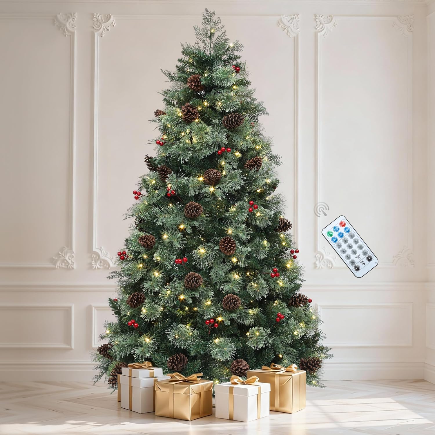 DWVO Pampas 6ft Flocked Christmas Tree with 400 LED Lights and 30 Reeds Like Plumes, Prelit Atificial Christmas Trees with Snow and 355 Mixed PE & PVC Branch Tips & Stand for Home Party Decoration