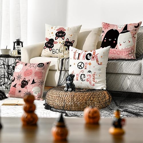 Miniatura 2 de AVOIN colorlife Happy Halloween Boo - Juego de 4 fundas de almohada rosadas, 16 x 16 pulgadas, diseño de fantasma, diseño de murciélago y flores de