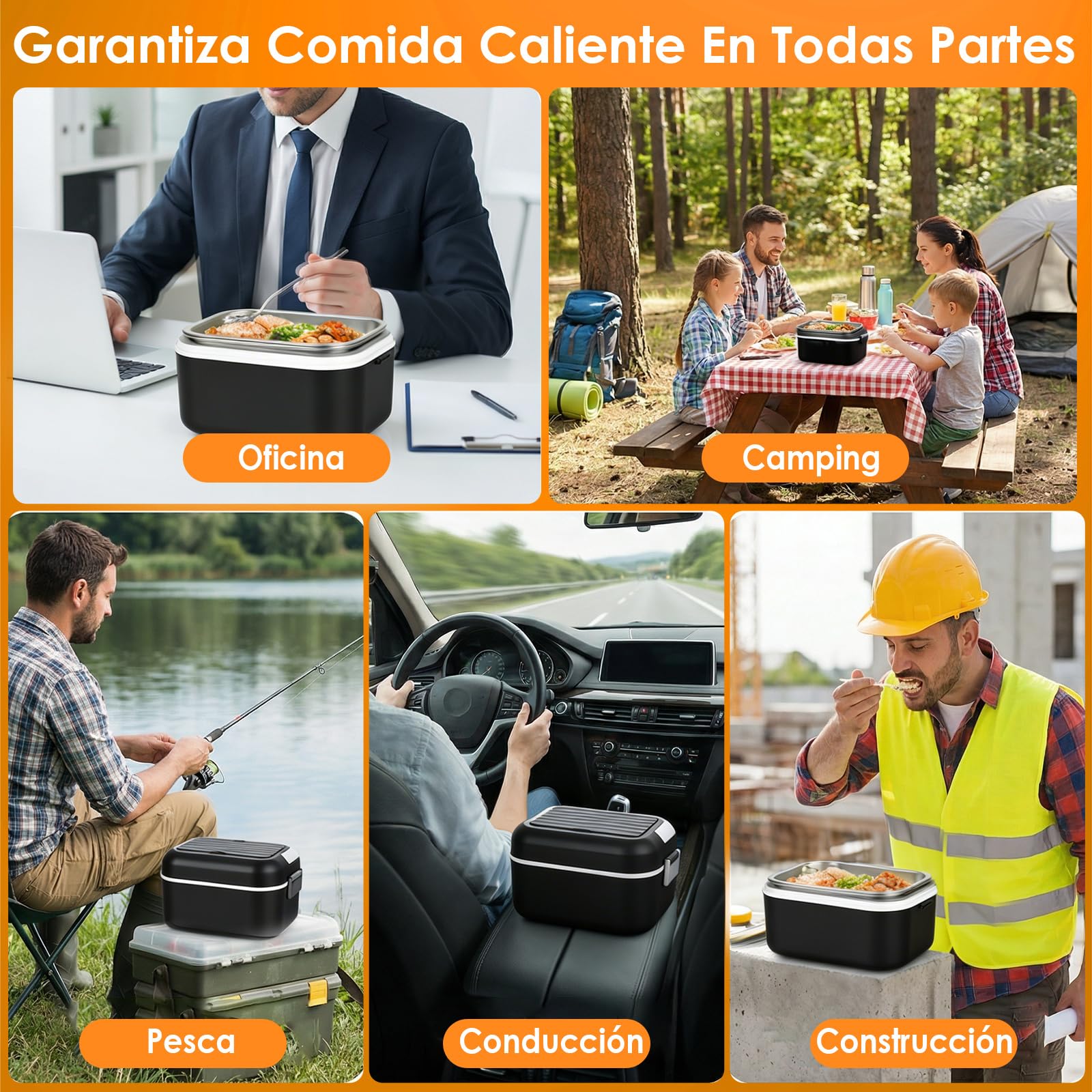 Dreamhigh 1,5 L Fiambrera Eléctrica Con Batería, Calentador De Comida Portátil 24000 mAh, Diseño Antifugas y Función de Calentamiento Programable Para Coche y Trabajo (negro)