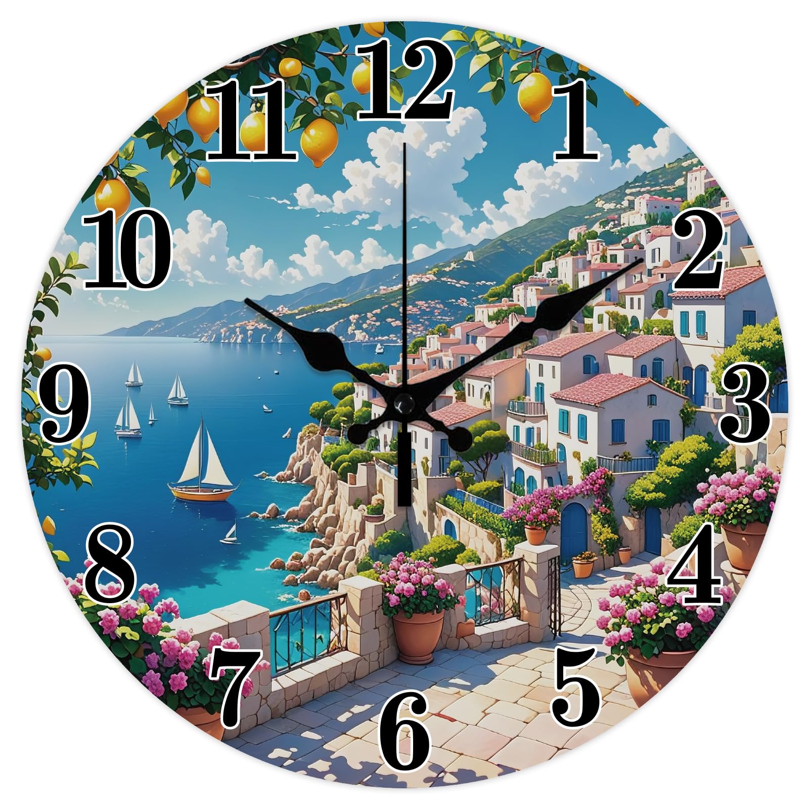 CONCHLERY 12inch Seaside Town Wall Clock Lemons Flat Printing Round Clocks Flowers Silent Non Ticking Clock Decorative for Home Living Room Bedroom Kitchen Office Decor