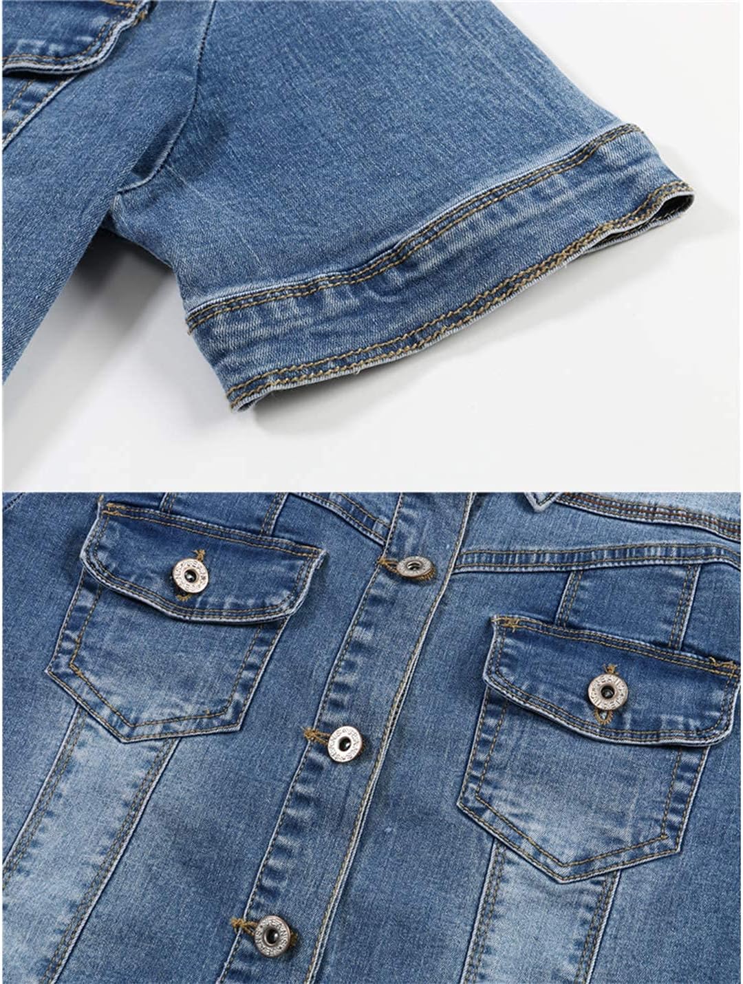 Omoone Women's Summer Short Sleeve Crop Denim Trucker Jacket Jean Coat Tops - Image 6