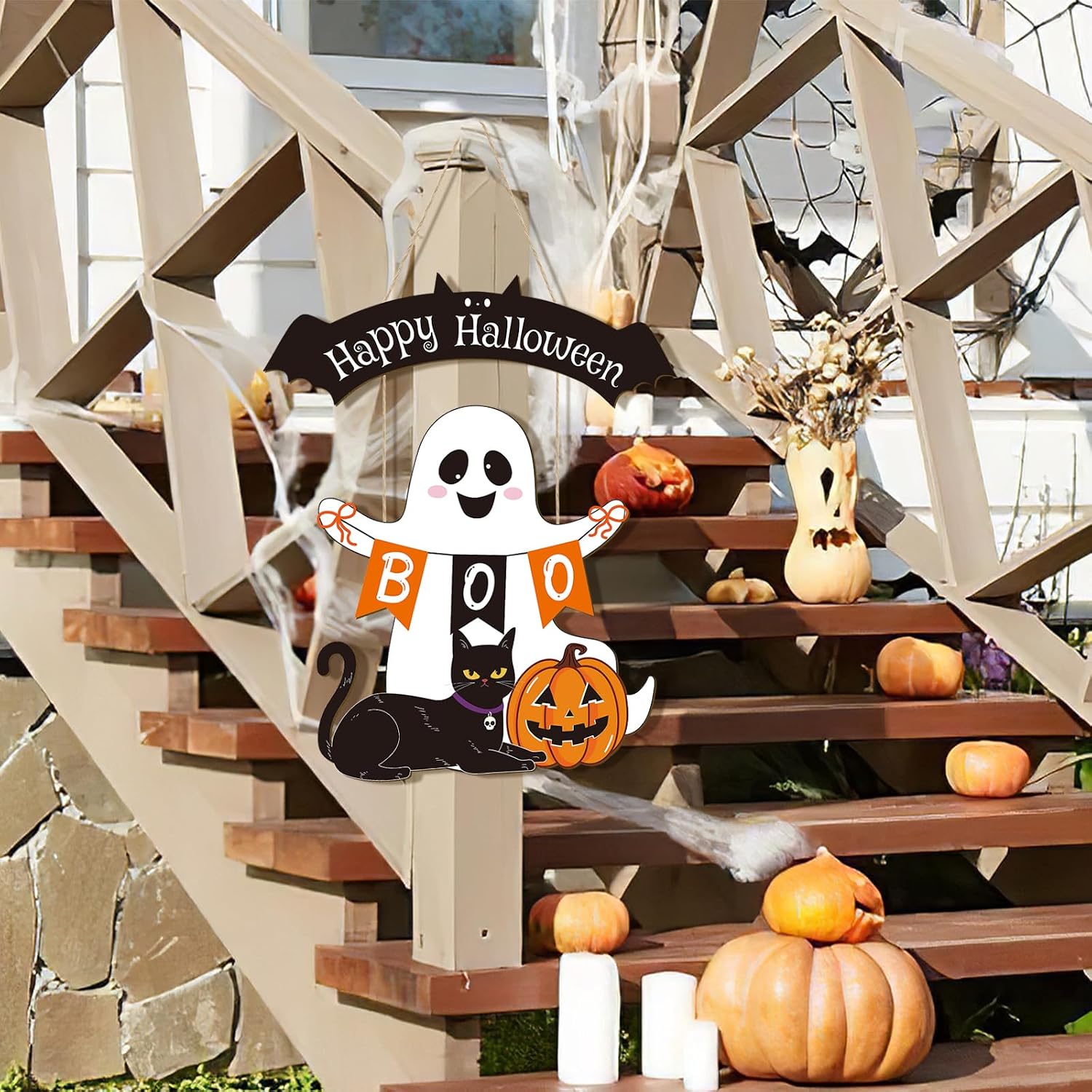 Halloween Decorations Wooden Halloween Ghost Door Wreath for Front Door Sign Wall Decor Signs Black Cat Pumpkin Ghosts Bat Welcome Sign Hanging for Home Wall Party Outdoor Indoor Supply Vintage Office