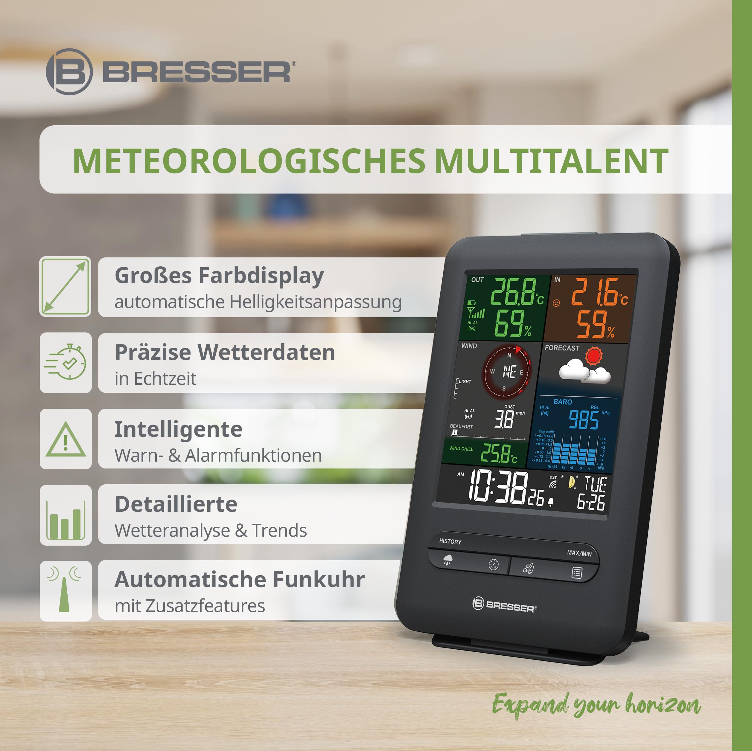 Bresser 7002525 Wetterstation Funk mit Außensensor 5-in-1 Beaufort mit großem Farbdisplay, Sensor für Temperatur, Luftfeuchtigkeit, Luftdruck, Windrichtung und Regenmesser, Schwarz, Einzigartig