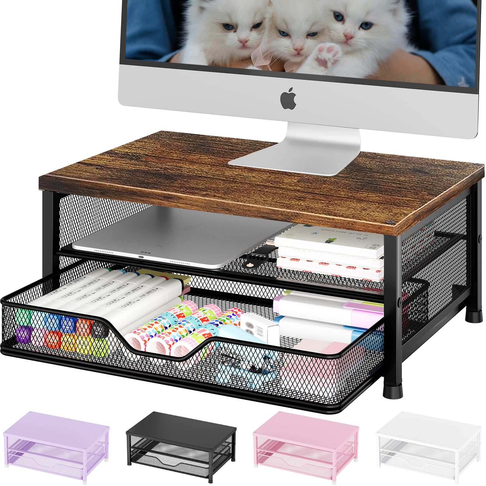 OPNICE Computer Monitor Stand Riser, Desk Organizer with Drawer, Printer &amp; Laptop Stand, Office Desk Accessories &amp; Workspace Desktop Organizers Storage for Office Supplies(Brown)