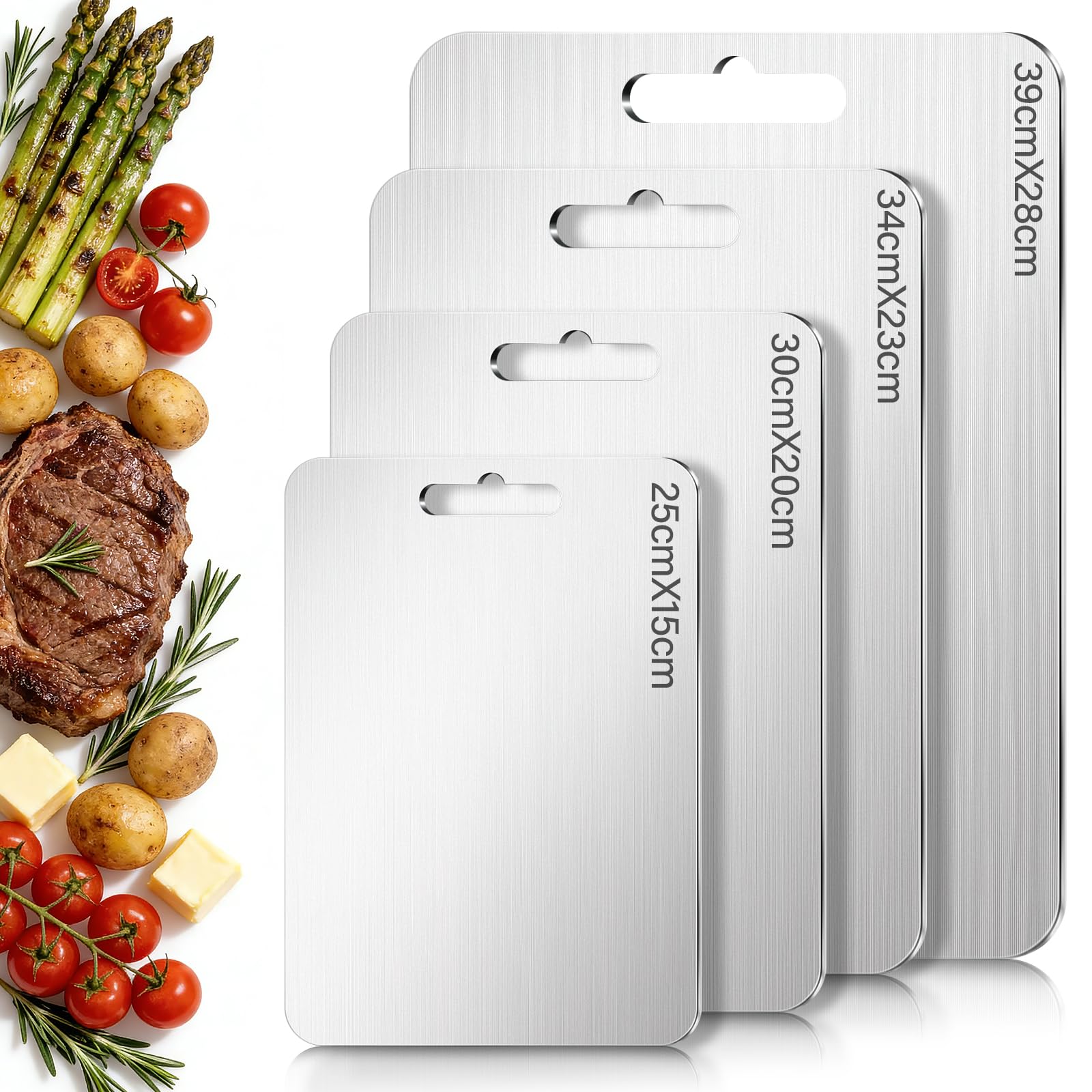 4 Pezzi Tagliere Acciaio Inox, Taglieri a Doppia Faccia, SSet da Cucina | SUS 304, Antibatterico e Resistente, Multifunzione Tagliere Cucina, per Carne, Pane, Verdura e Frutta