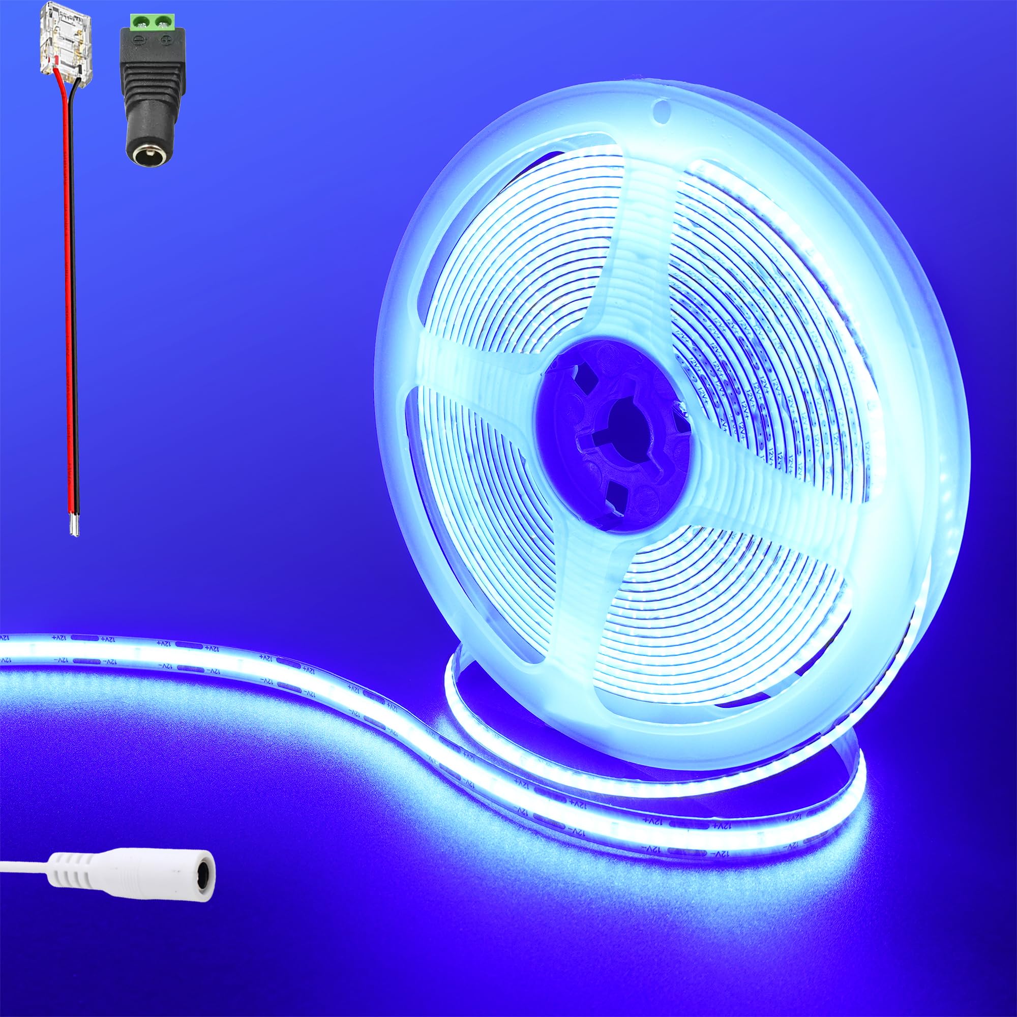 Clearhill 12V COB 480LED Strip Lights,9.84FT/3M(No Power Supply), Blue, 1440LED,with 5521DC Female Connectors,8mm Width,IP20,for DIY Home Indoor Decoration