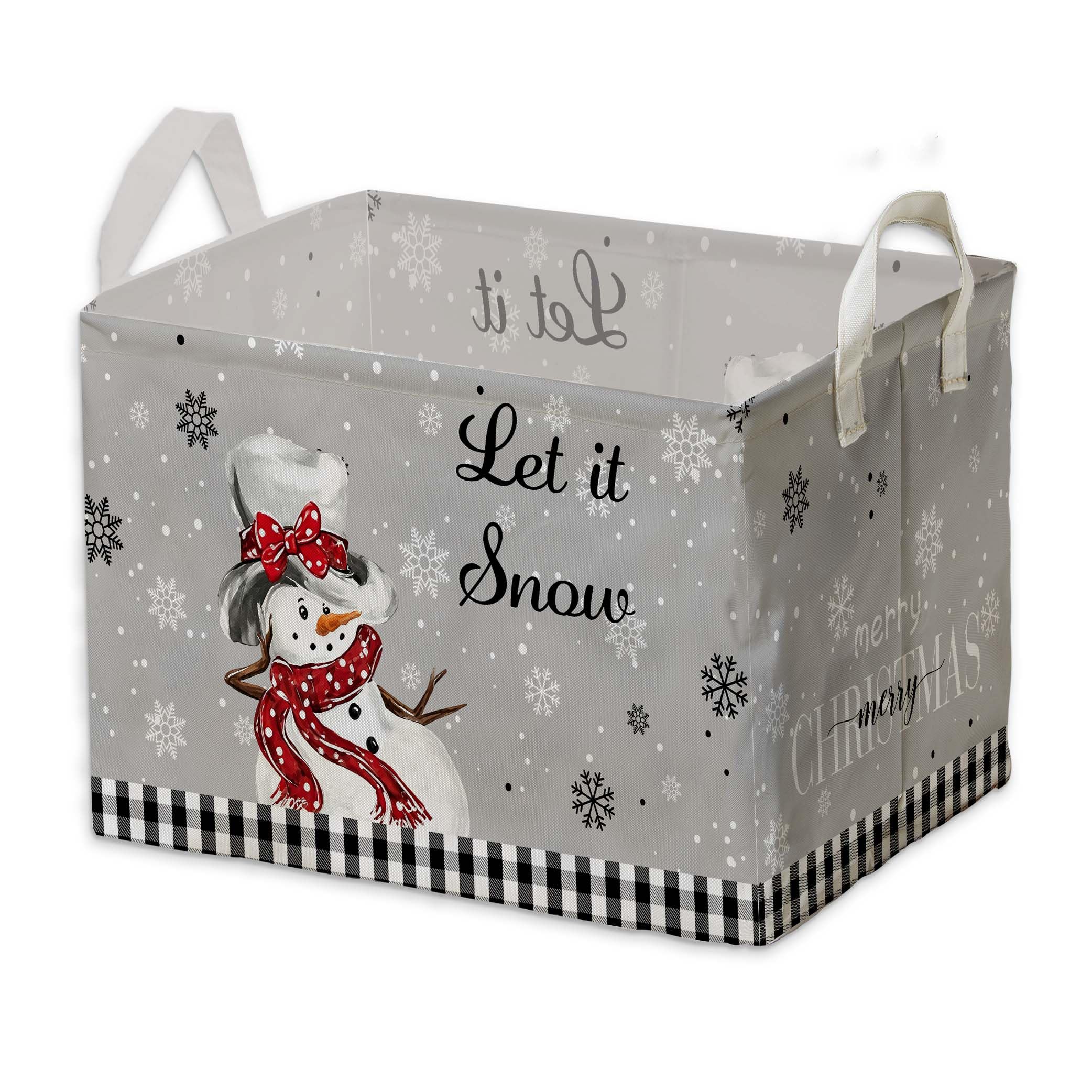 Grey Christmas Snowman Storage Baskets, Empty Christmas Gift Baskets, Let It Snow Winter Farmhouse Style Large Square Waterproof Canvas Laundry Hamper, Foldable Toy &amp; Clothes Bins for Bedroom