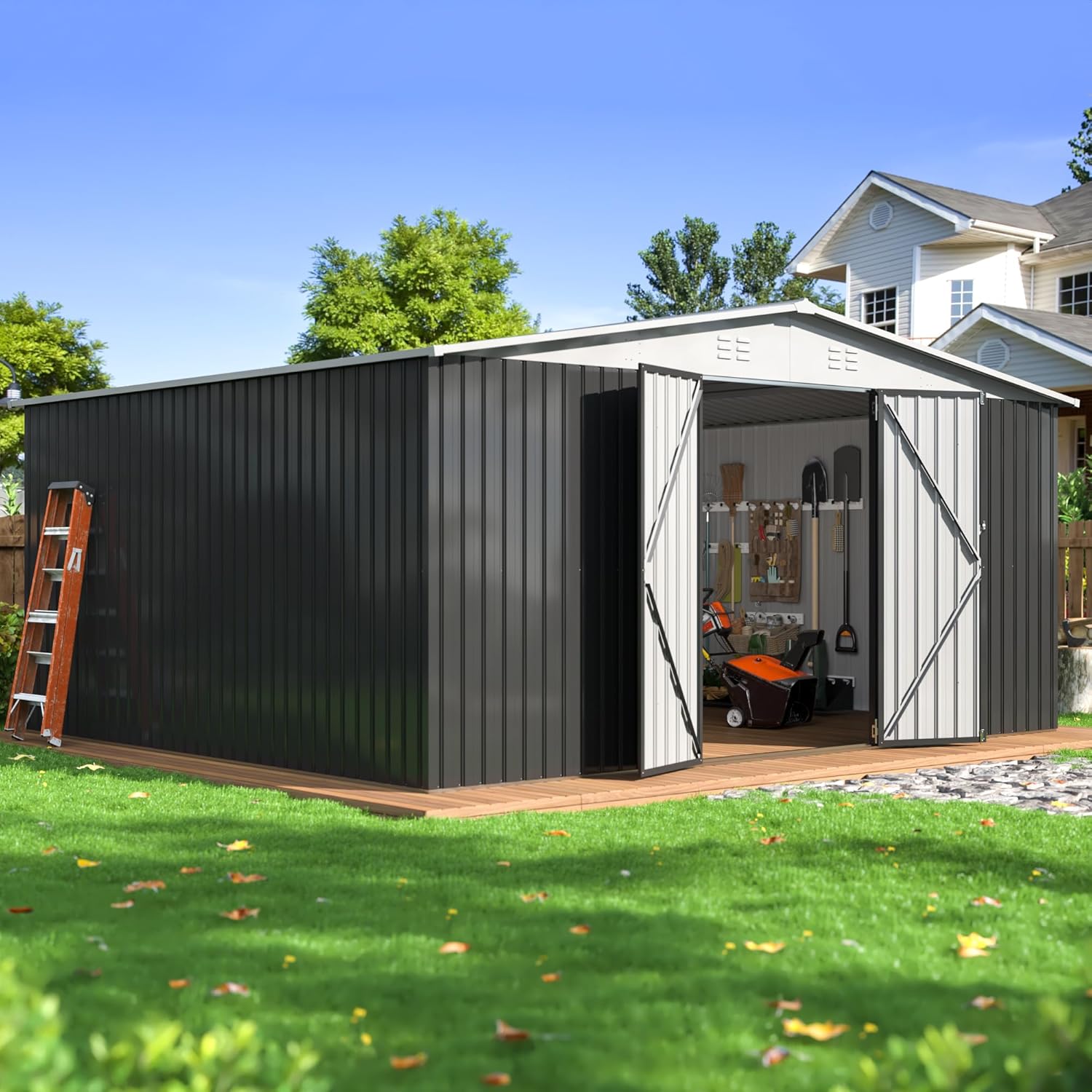 WKM 12x14 FT Outdoor Metal Storage Shed in a backyard setting with open doors, showing stored items.