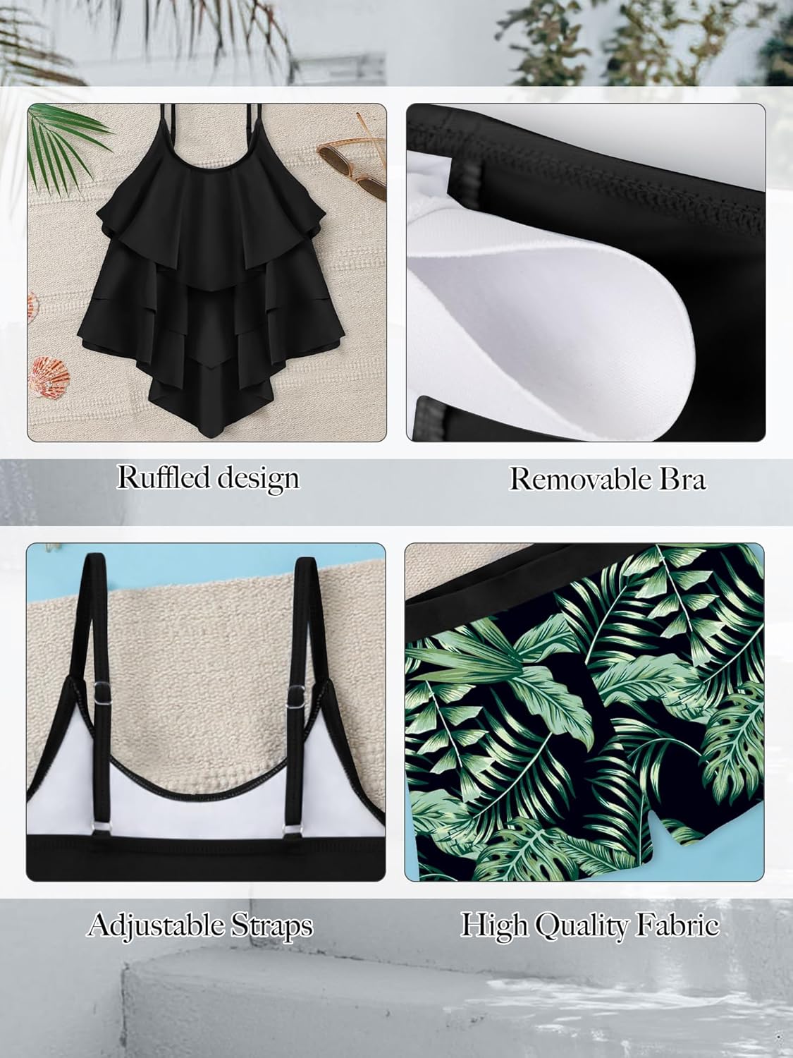 GEMLON Teens Girls Summer Swimsuit Solid Color Padded Adjustable Strap Tankini Shorts Set Girls Ruffled Beach Bathing Suit - Image 6