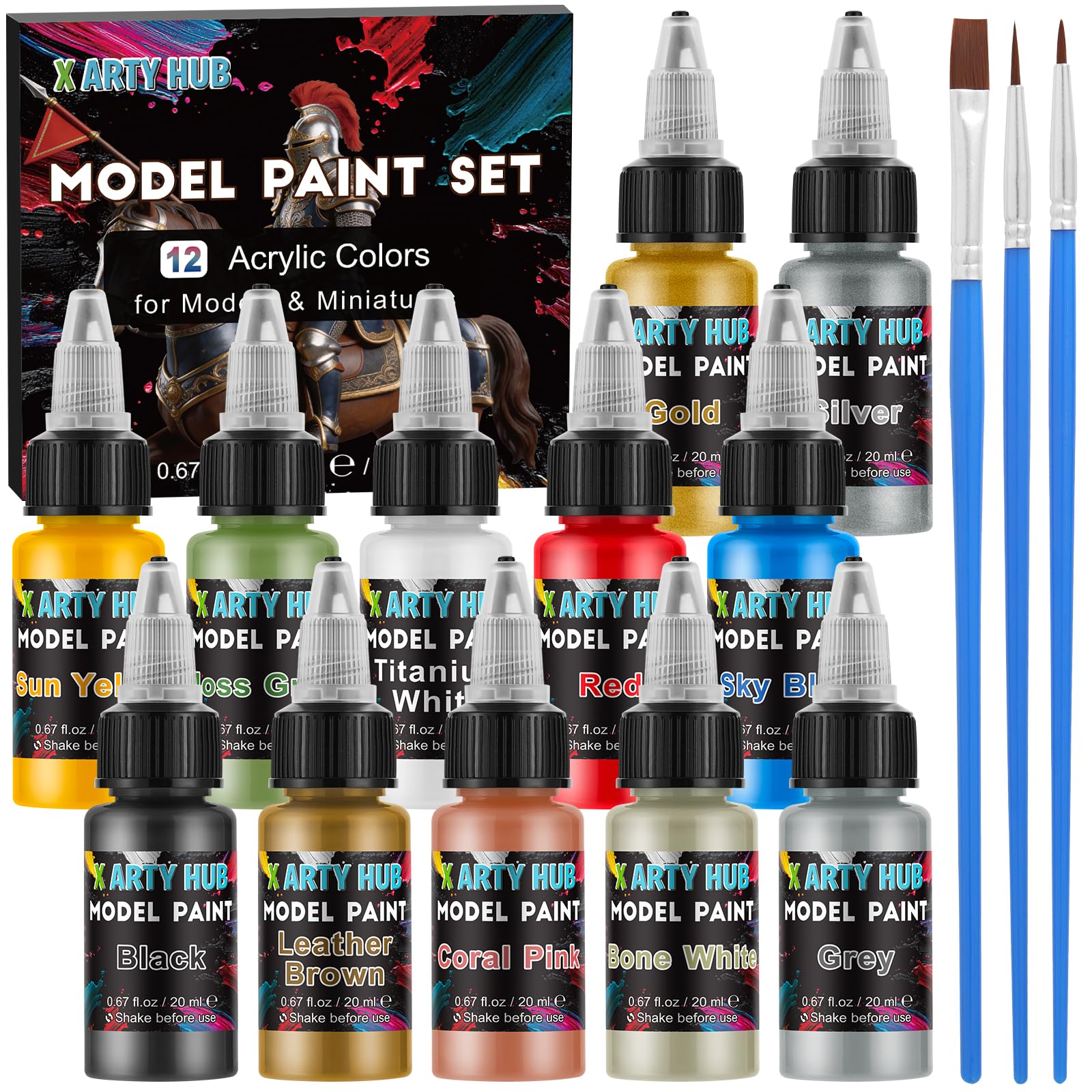 X ARTY HUB Model Paint Set - 12 Colours with 3 Brushes, Miniature Paints (Base/Skin Tones/Shadows/Metallics) for Airbrushing & Hand Painting, Acrylic Paint for Models, Miniatures & Wargaming Props