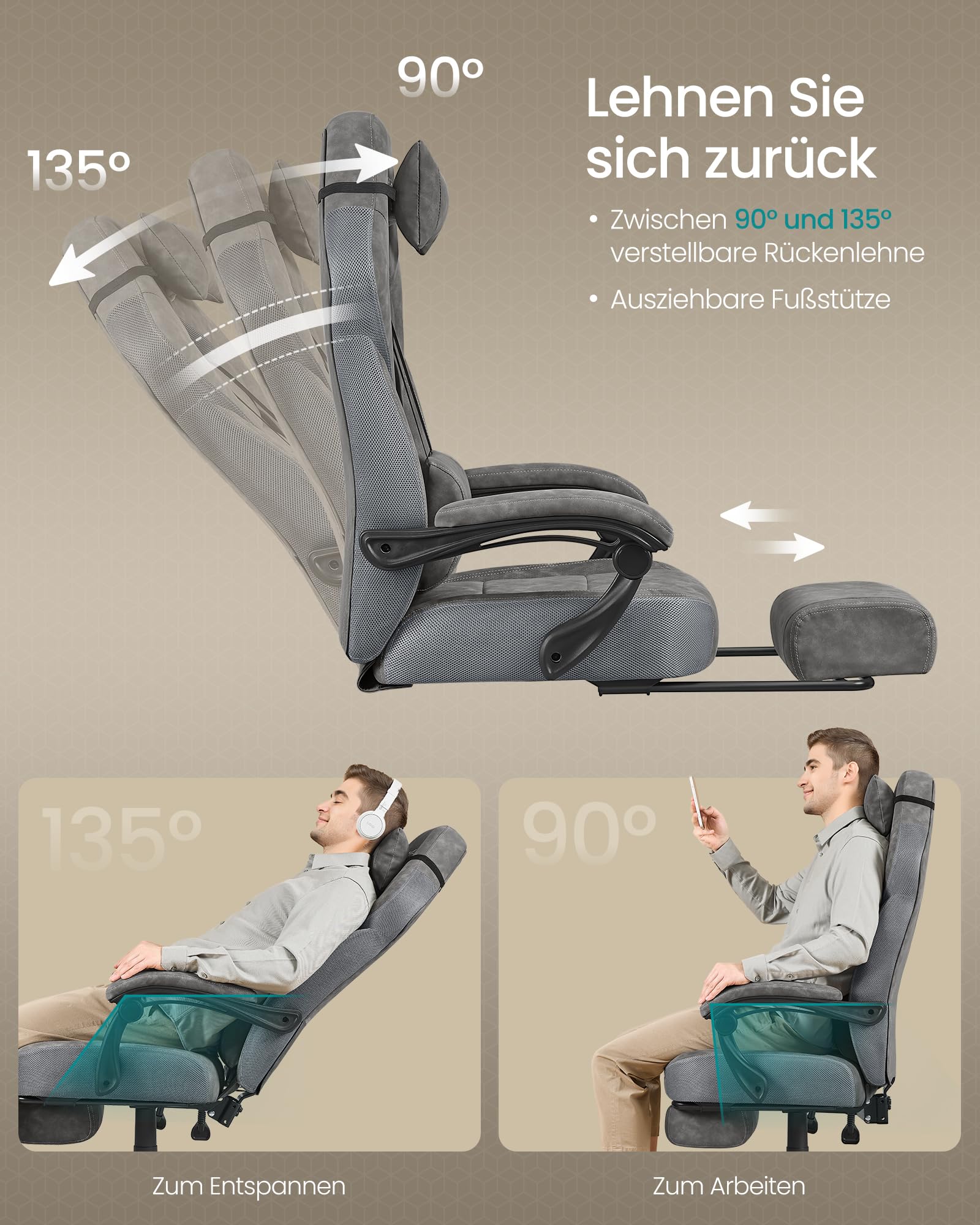 SONGMICS Gaming-Stuhl Bürostuhl ergonomisch Fußstütze Kopfkissen Lendenkissen 150 kg schiefergrau