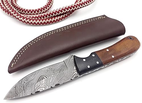 Miniatura 5 de Nooraki SK-62 Cuchillo de caza de Damasco hecho a mano de 8.5 pulgadas, hoja de espiga completa con karité de cuero, ideal para campamento,