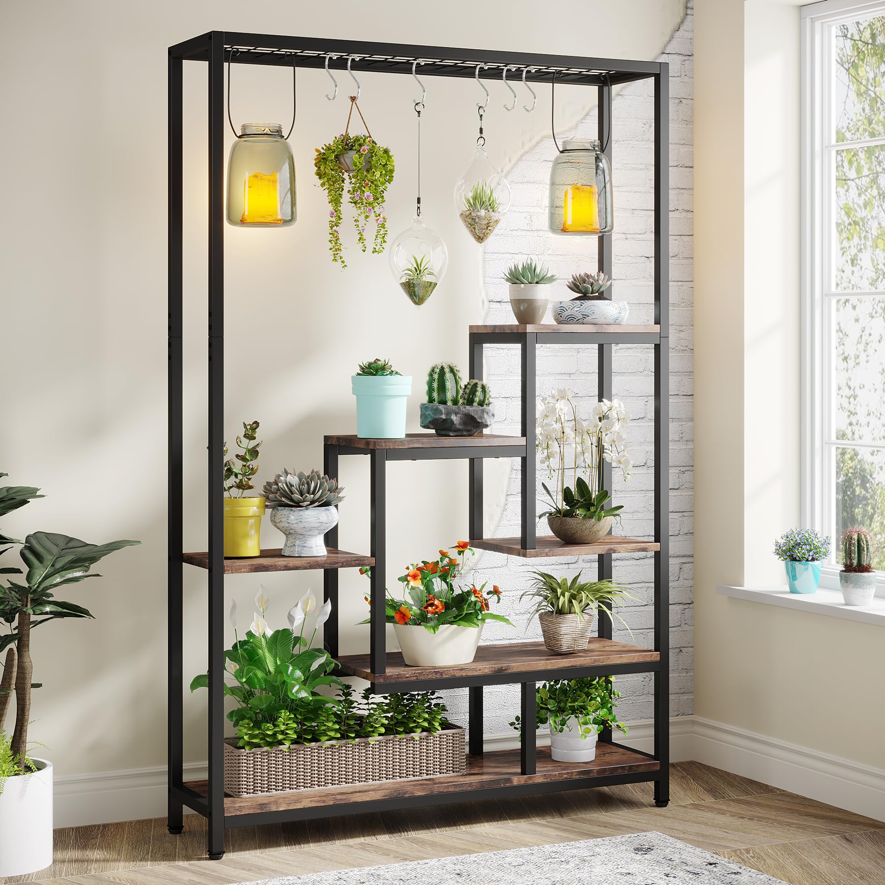Tribesigns 5-Tier Tall Indoor Plant Stand, 70.9 inches Large Metal Plant Shelf with 6PC S Hanging Hooks, Multi-Purpose Flower Bonsai Pots Display Rack for Indoor, Garden, Balcony, Living Room