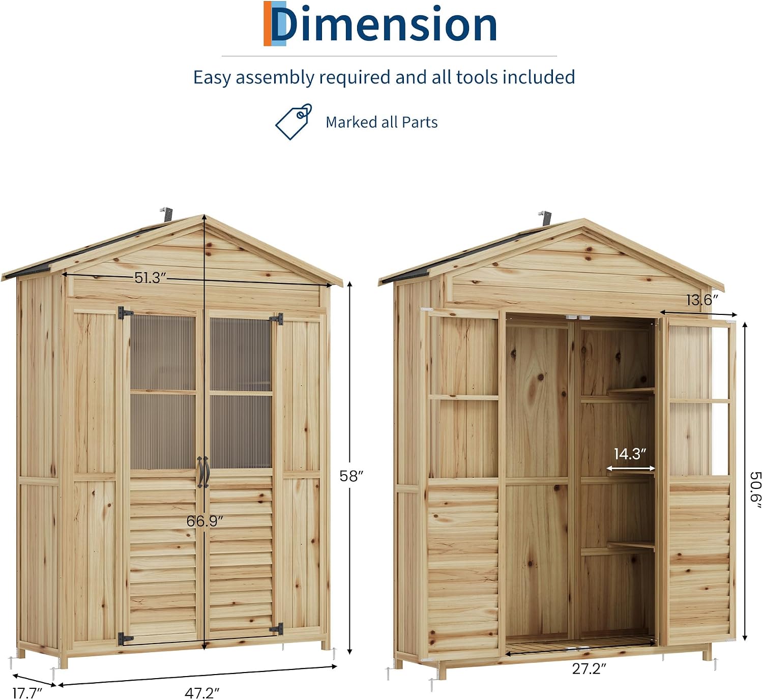 GarveeLife Patio Storage Shed Wooden, Outdoor Storage Cabinet with Weather-Resistant Roof, Garden Tools Shed with 6 Movable Shelves, Waterproof Roof, 4 Metal Stakes, 2 Anti-Falling Devices