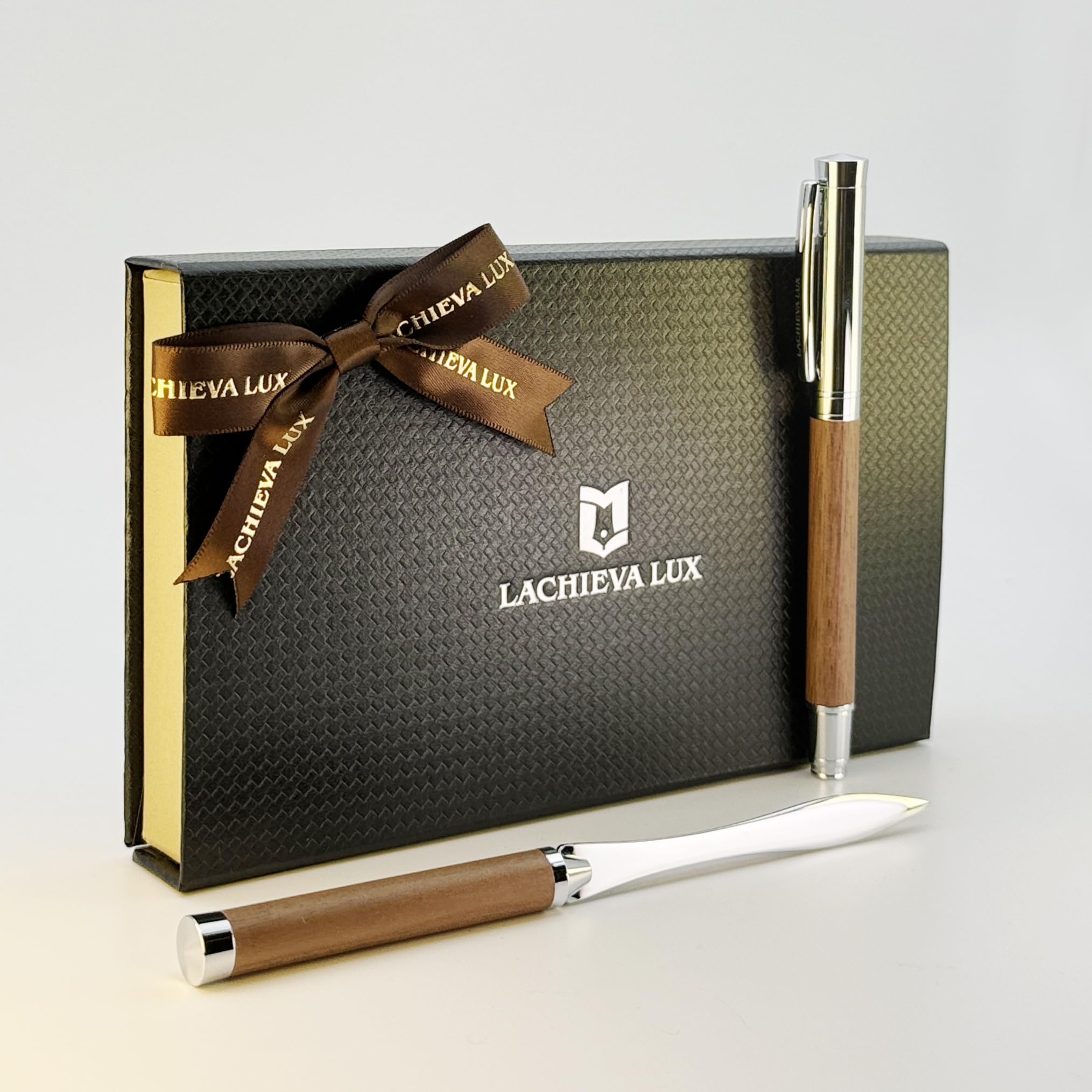 LACHIEVA LUX Walnut Rollerball Pen and Letter Opener Gift Set, Solid Wood with Rich Grain, Gift for Men and Women TimberDuo Series