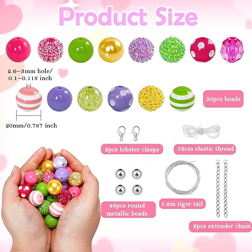 Miniatura 2 de 50 cuentas gruesas de goma de mascar de 0.787 pulgadas (0.787 in), cuentas de perlas grandes con 48 pequeños espaciadores redondos, cadenas