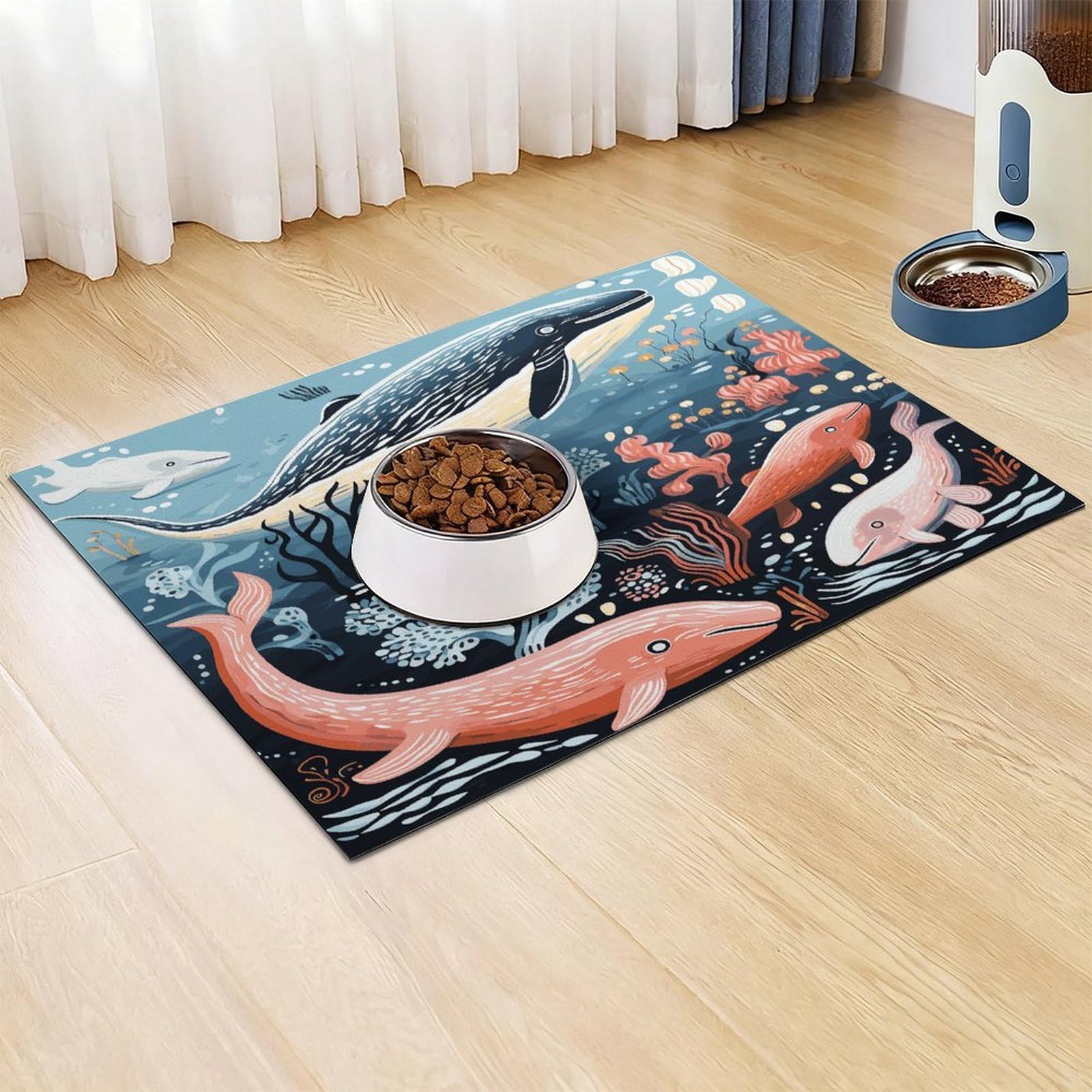 Tapis de nourriture pour chat et animal de compagnie avec baleine, poulpe, poisson, antidérapant, facile à nettoyer pour la nourriture et l'eau, tapis de gamelle pour chien et chat, 61 x 81,3 cm