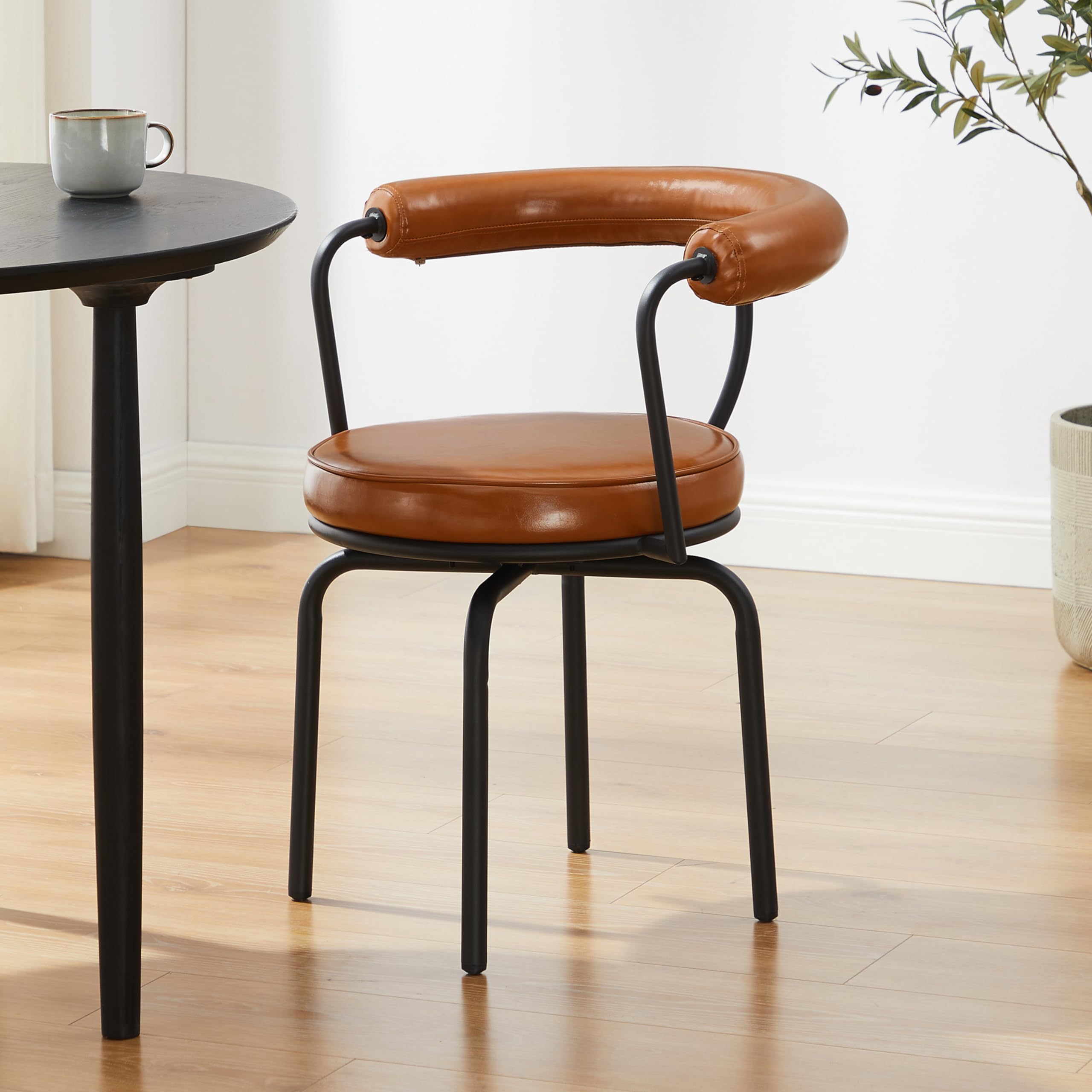 Art Leon Dining Chair, Modern Swivel Accent Chair, Faux Leather Upholstered Armchair with Black Metal Legs for Kitchen Dining Room Living Room, Brown