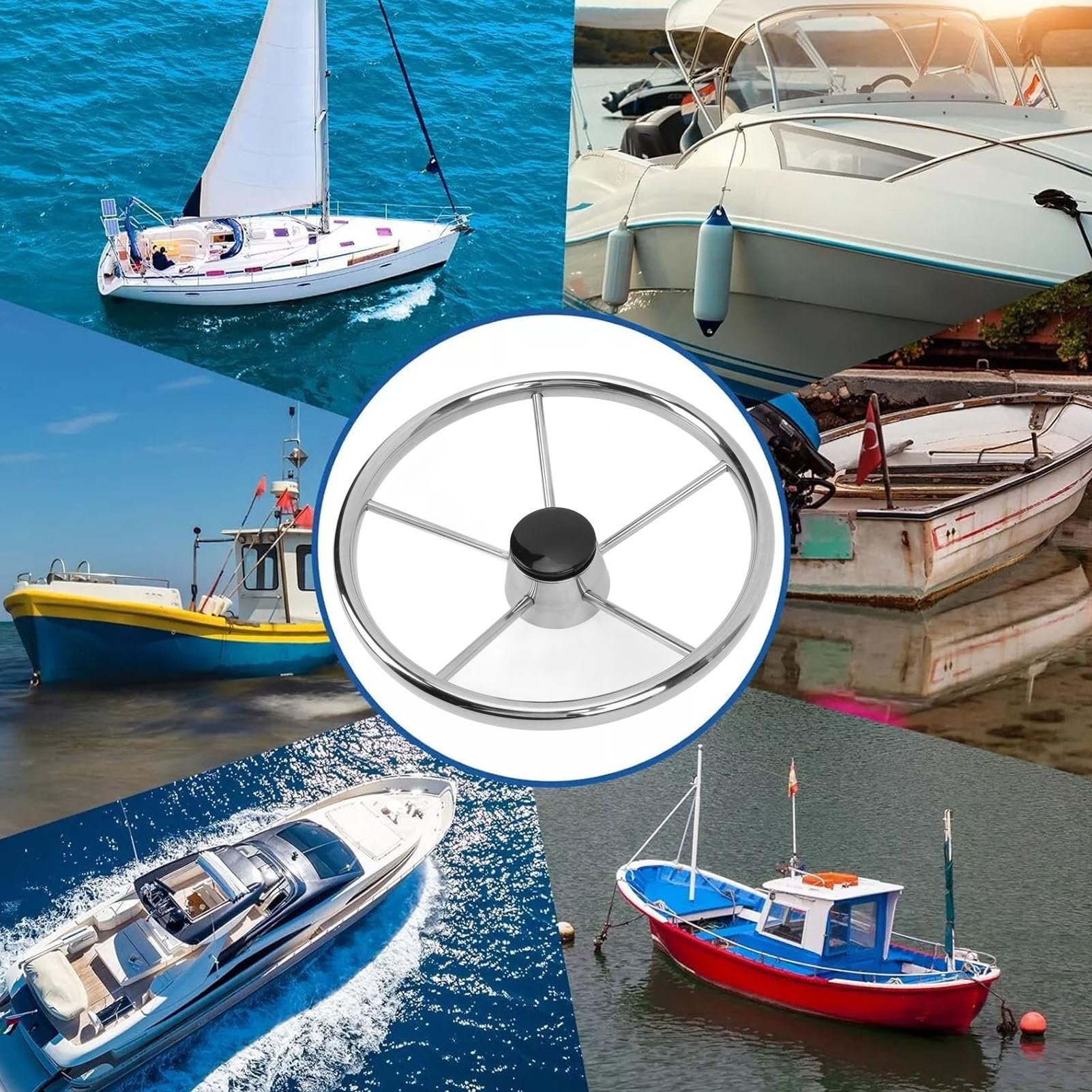 5 Spoke Marine Steering Wheel,Made of Stainless Steel,Diameter 13-1/2 inches, 25° Tilt Angle, for Boats, Yachts, Speedboats
