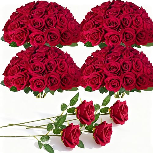 100 Pcs Red Fake Roses Bulk Artificial Flowers, Artificial Velvet