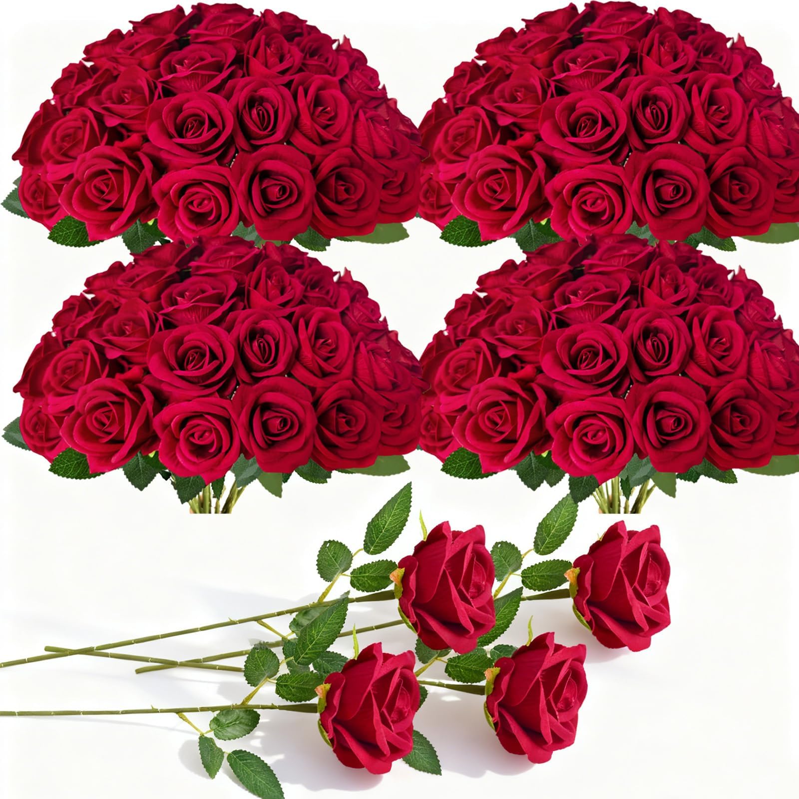 Photo 1 of [ONLY 40 ROSES IN BOX] 100 Pcs Red Fake Roses Bulk Artificial Flowers, Artificial Velvet Silk Roses Bouquet with Stems for Wedding Decoration, Fake Flowers in Vase Valentines Day Floral Arrangement Centerpiece Home Decor