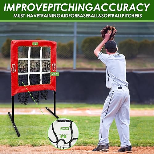 Miniatura 5 de Baseball Pitching Net, 9 Hole Pitching Net with Strike Zone, 5 Height Adjustable Throwing Trainer, Heavy Duty Baseball Softball Net with Carry Bag