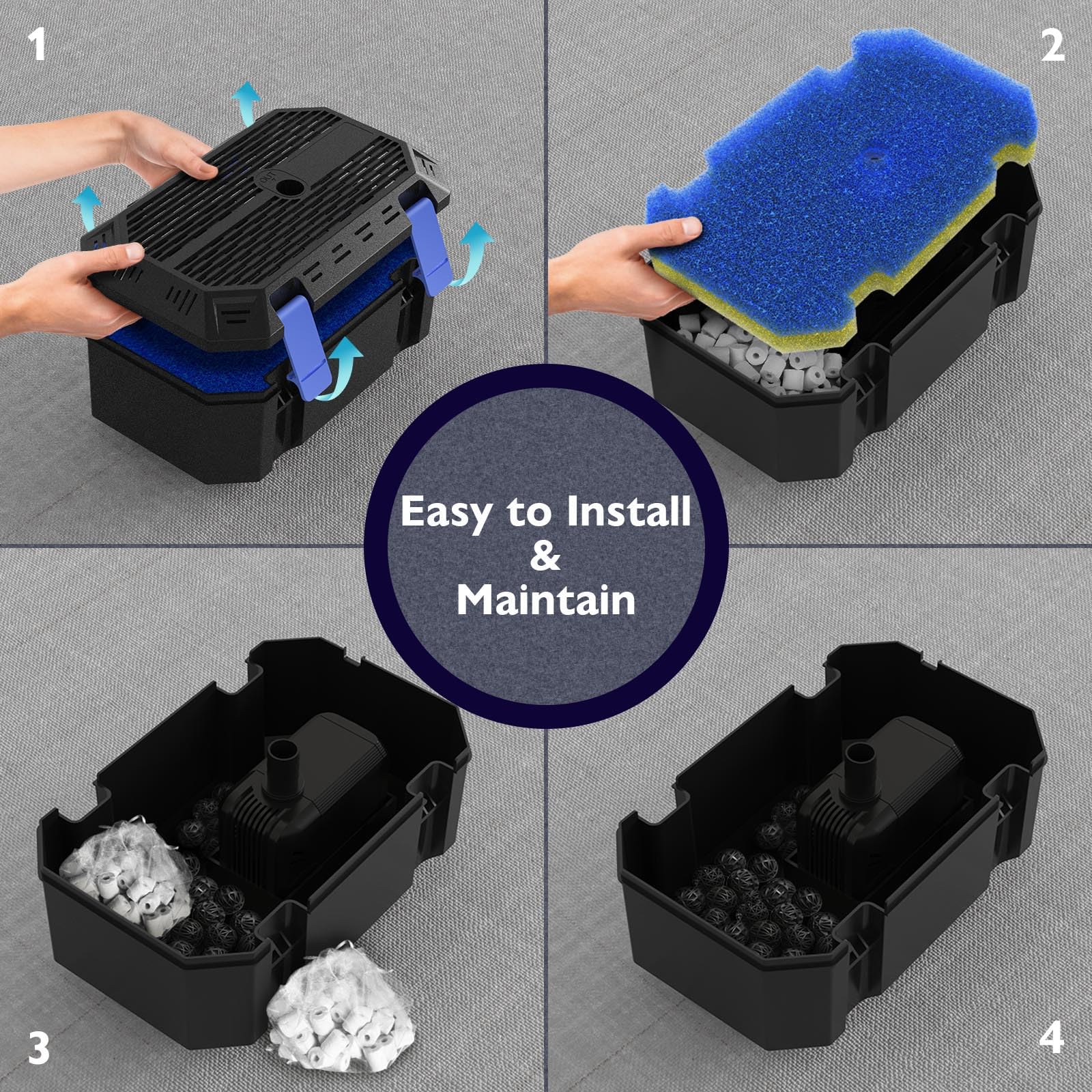 Pompa filtrante per laghetto da 850 GPH con filtraggio a 4 fasi, filtro per laghetti esterni, 500-750 litri, scatola filtro per pompa per giardino, cascata, fontana, fontana
