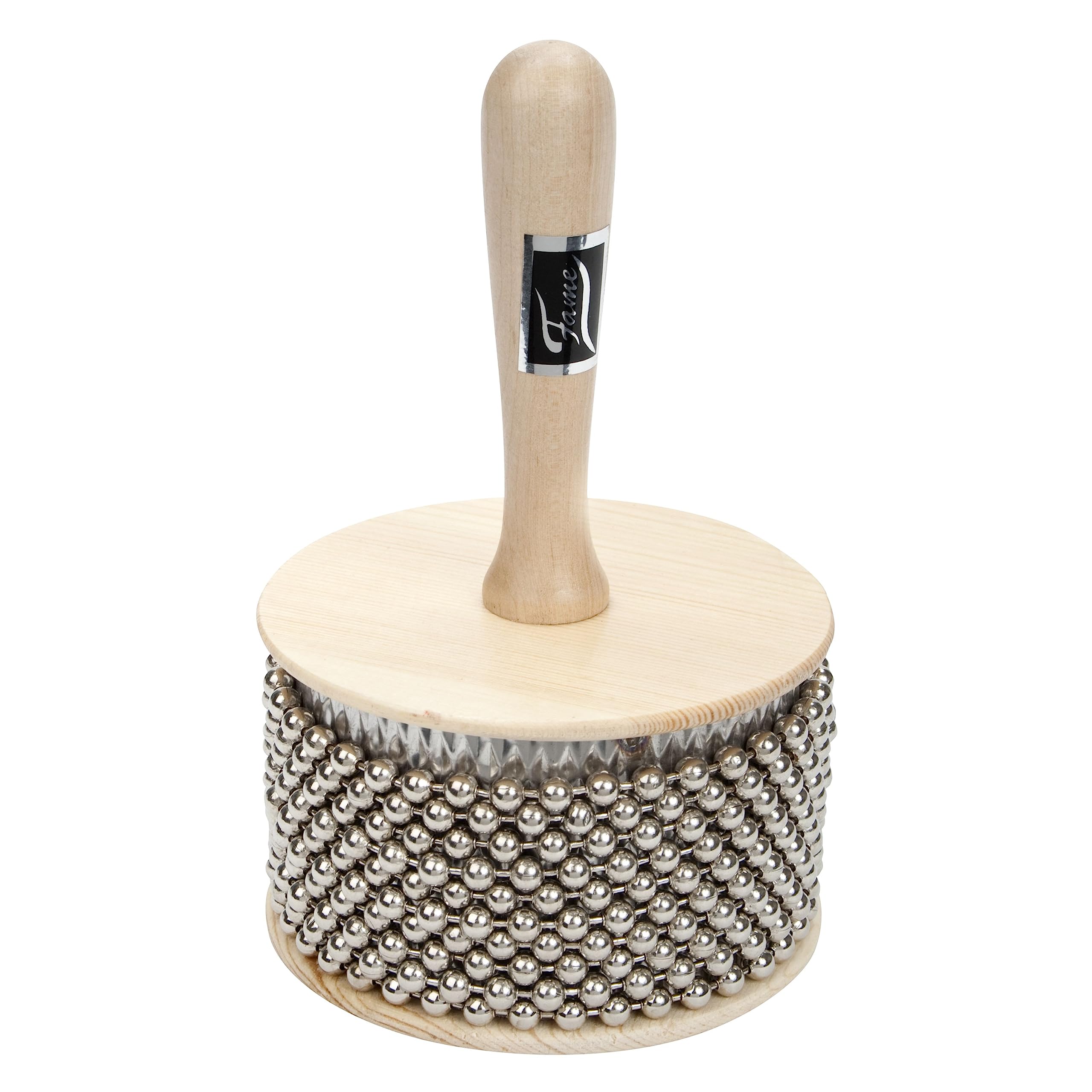 Fame Standard Cabasa 4", 11cm, Hochwertiger Holz-Shaker, Naturfarbe, Rostfreier Stahlzylinder, Stahlkugelketten, Robust, Handlich, 3 Jahre Garantie, 30 Tage Rückgaberecht