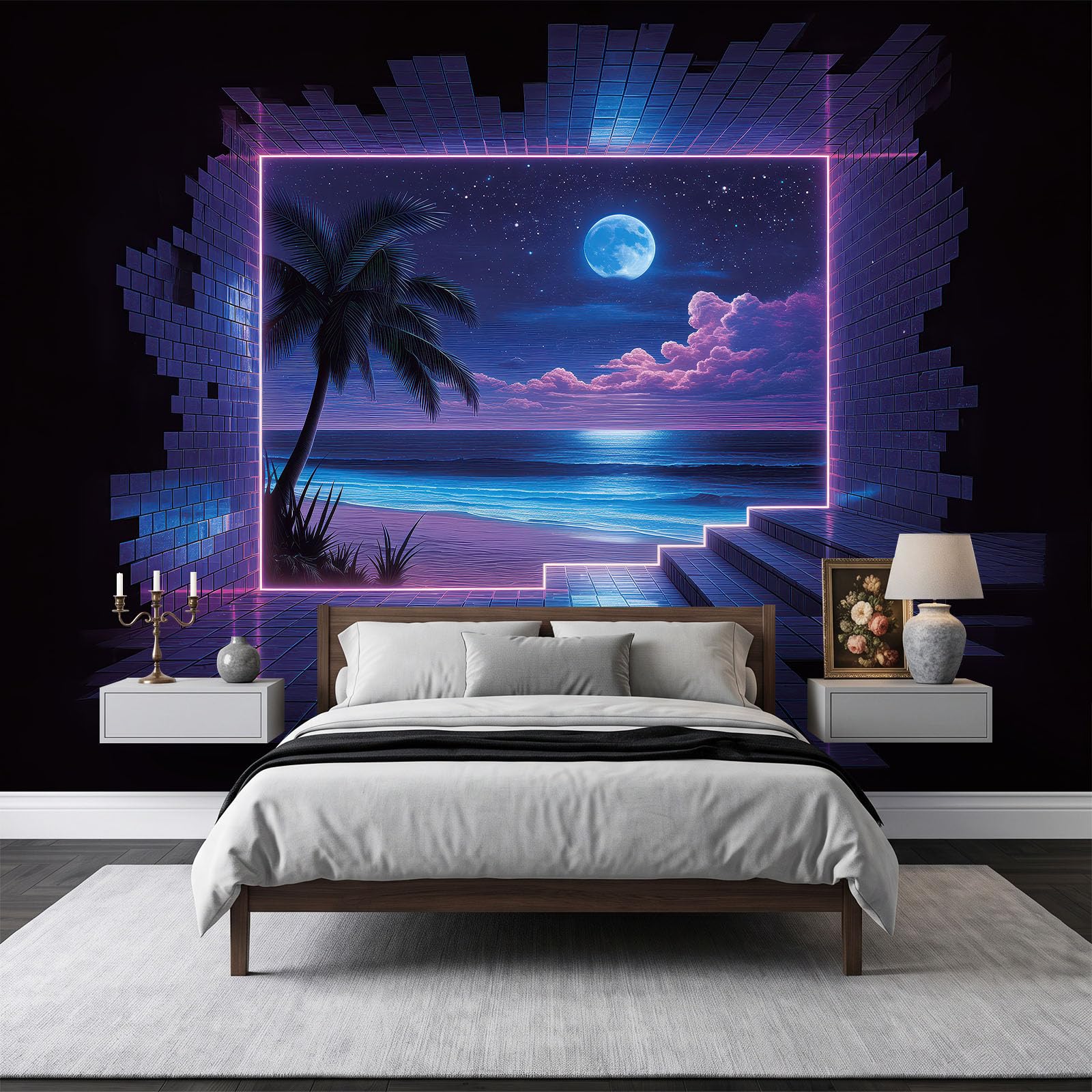 Panoramiczna tapeta 3D 250 x 175 cm retro futuristisch Tropisch Pflanzen Palmen tapeta z włókniny, plakat ścienny do salonu, dekoracji pokoju dziecięcego, łatwy montaż, niebiesko-fioletowy