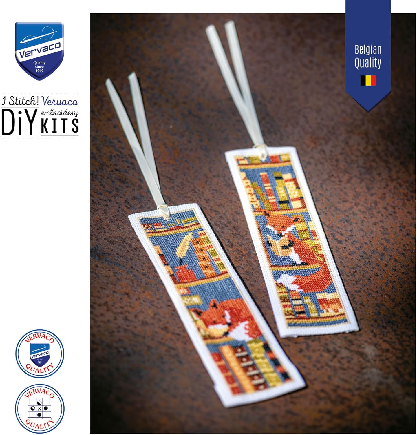 Vervaco Set of 2 Fox Bookmarks in Bookcase, White, Approx. 6 x 20 cm, Set of 2