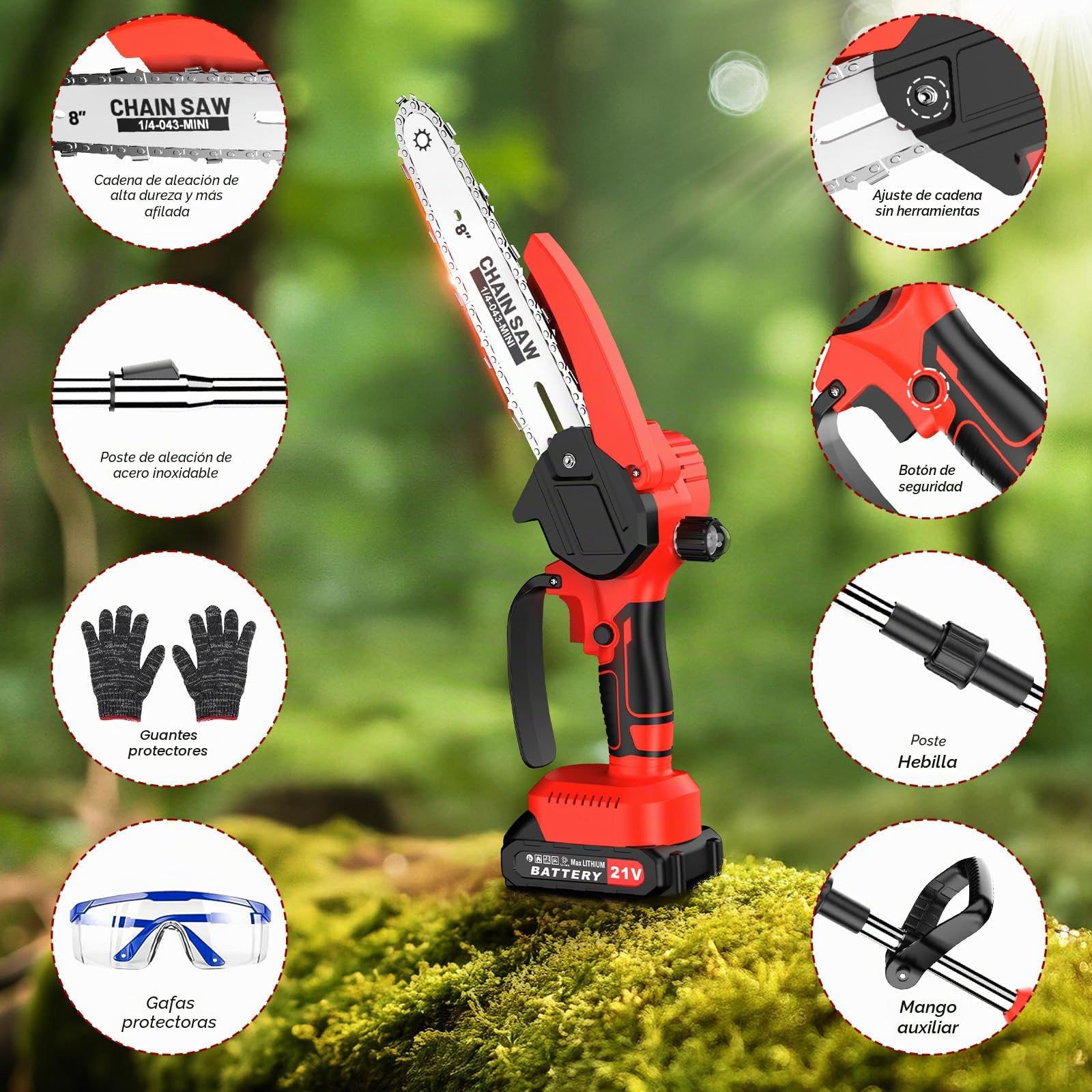 Motosierra Batería Sin Cable, 2 en 1 Mini Motosierra y Podadora de Pértiga, con 2 Baterías de 1500mAh, Sierra de Poda Telescópica Eléctrica, Guantes para Podar Arboles Patio de Jardín árboles