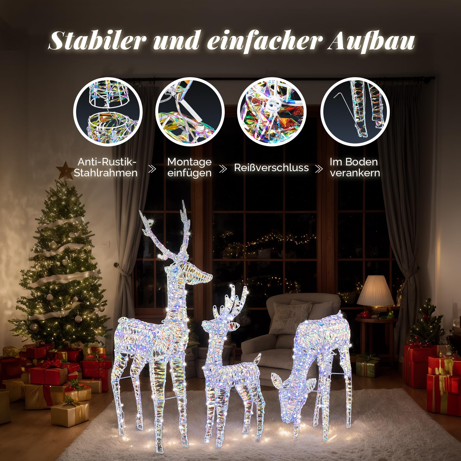 LEADZM Weihnachtsdeko LED Rentier Metall Weiß Eisen Rahmen Beleuchtet Weihnachtshirsch kaltes weißes Licht Weihnachten Deko für Innen Außen Weihnachtsdeko aussen (Bunter Elch)