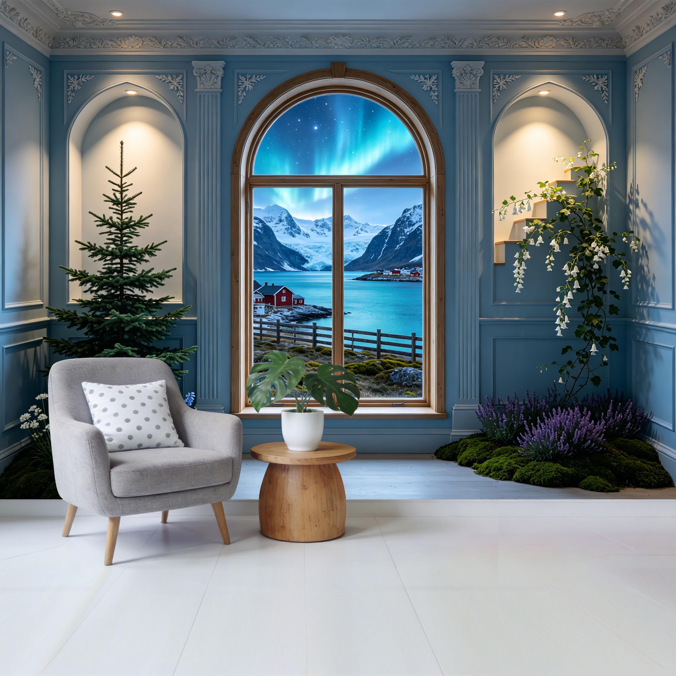 Removable Self Adhesive Fabric Mural， Aurora Borealis Mountain Lake Custom Size Wall Covering， UV Protected Waterproof Washable Wall Decor for Living Room Bedroom Bathroom
