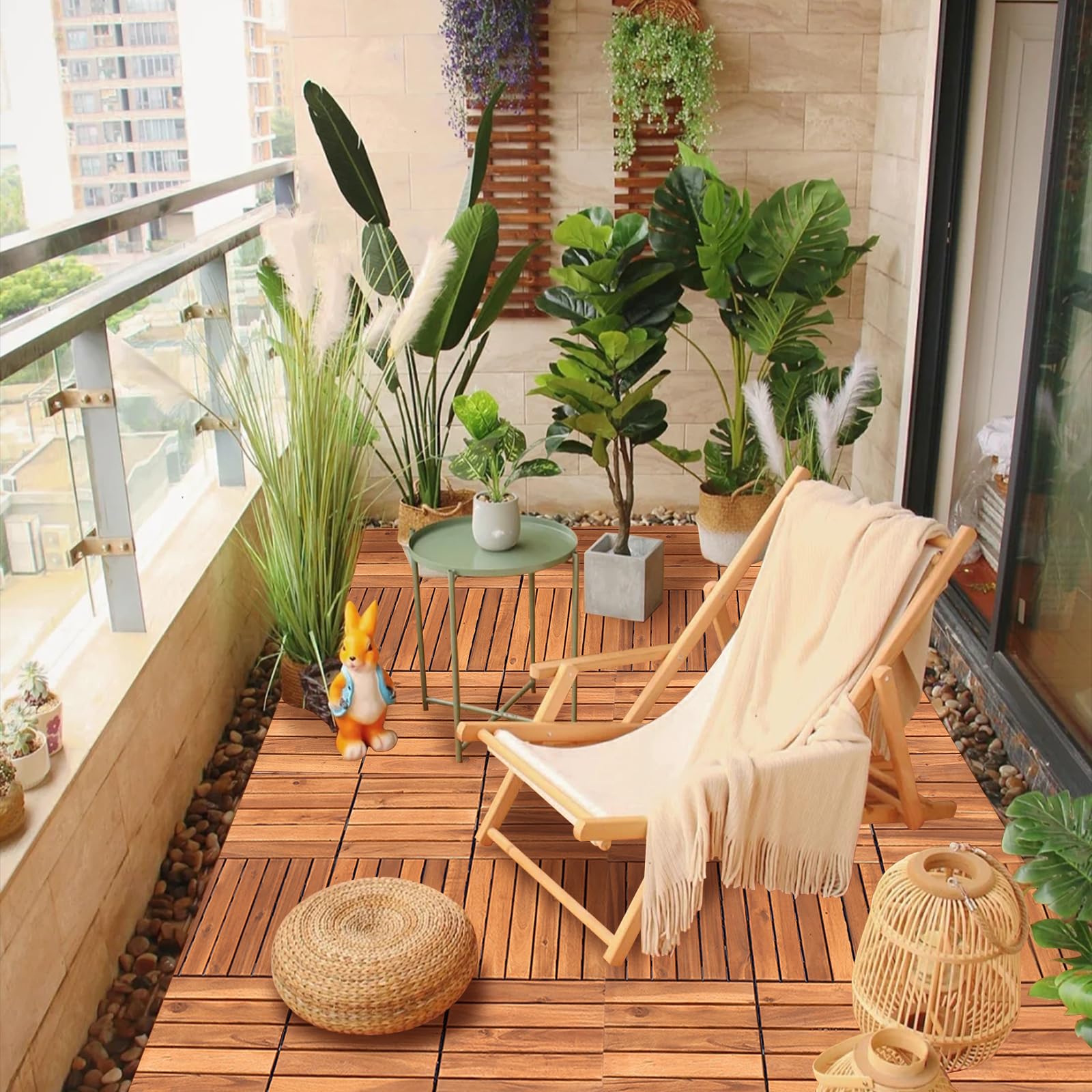 Holzfliesen, 30x30cm33 Fliesen für 3m² Terrassenfliesen Wetterfest aus Akazienholz, Bodenbelag Holzboden Klicksystem mit Drainage, 6 Latten Stil Balkonfliesen