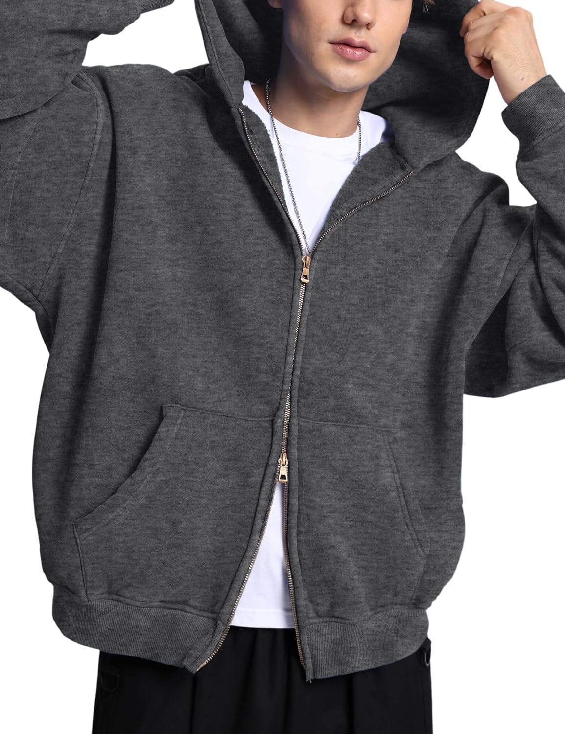 FAIABLE Womens Mens Double Zip Up Hoodie Oversized Acid Wash Heavyweight Hoodie Distress Cotton Fleece Full Zipper Sweatshirt - Image 3