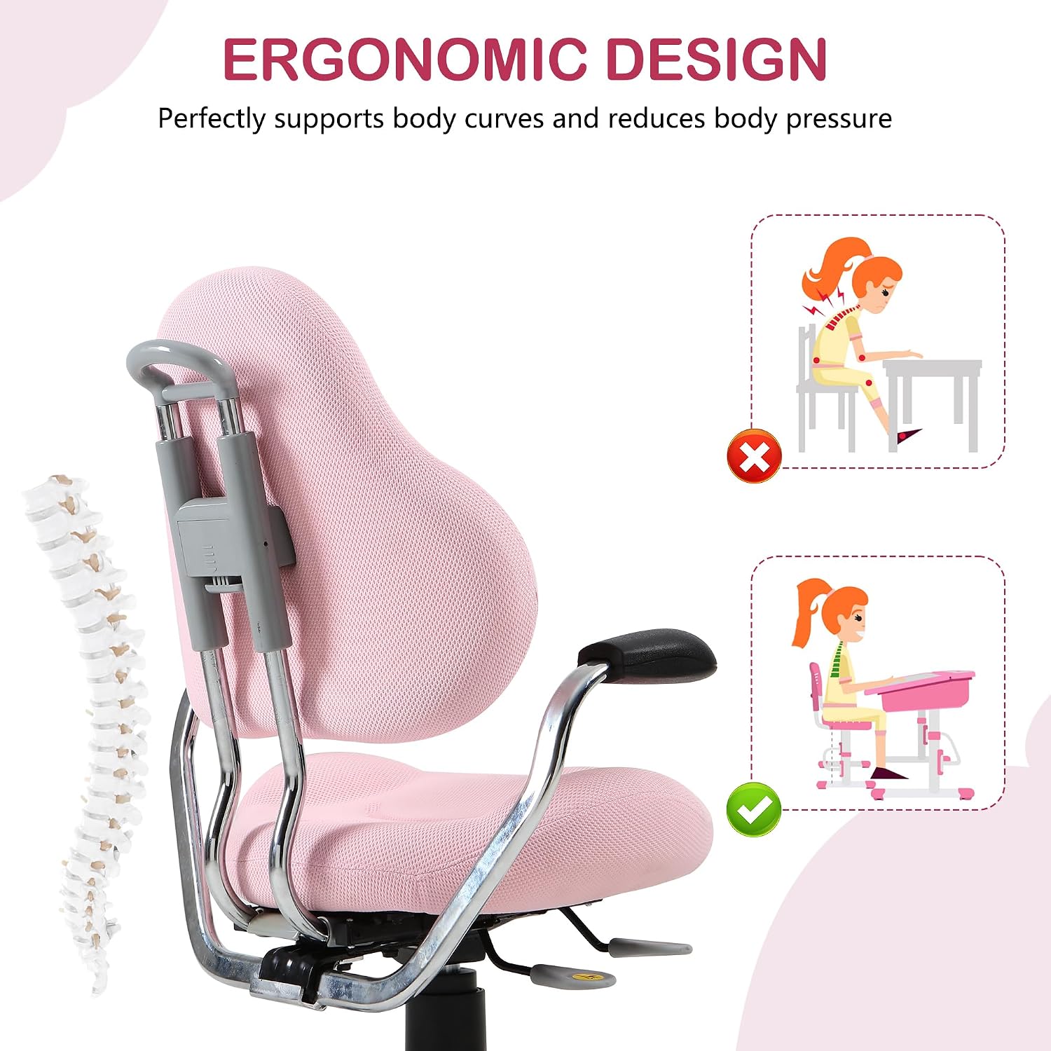 Kids Desk Chair, Ergonomic Office Chair for Kids, Computer Chairs with Breathable Mesh, Adjustable Height, Perfect for Children Teens Students (Pink)