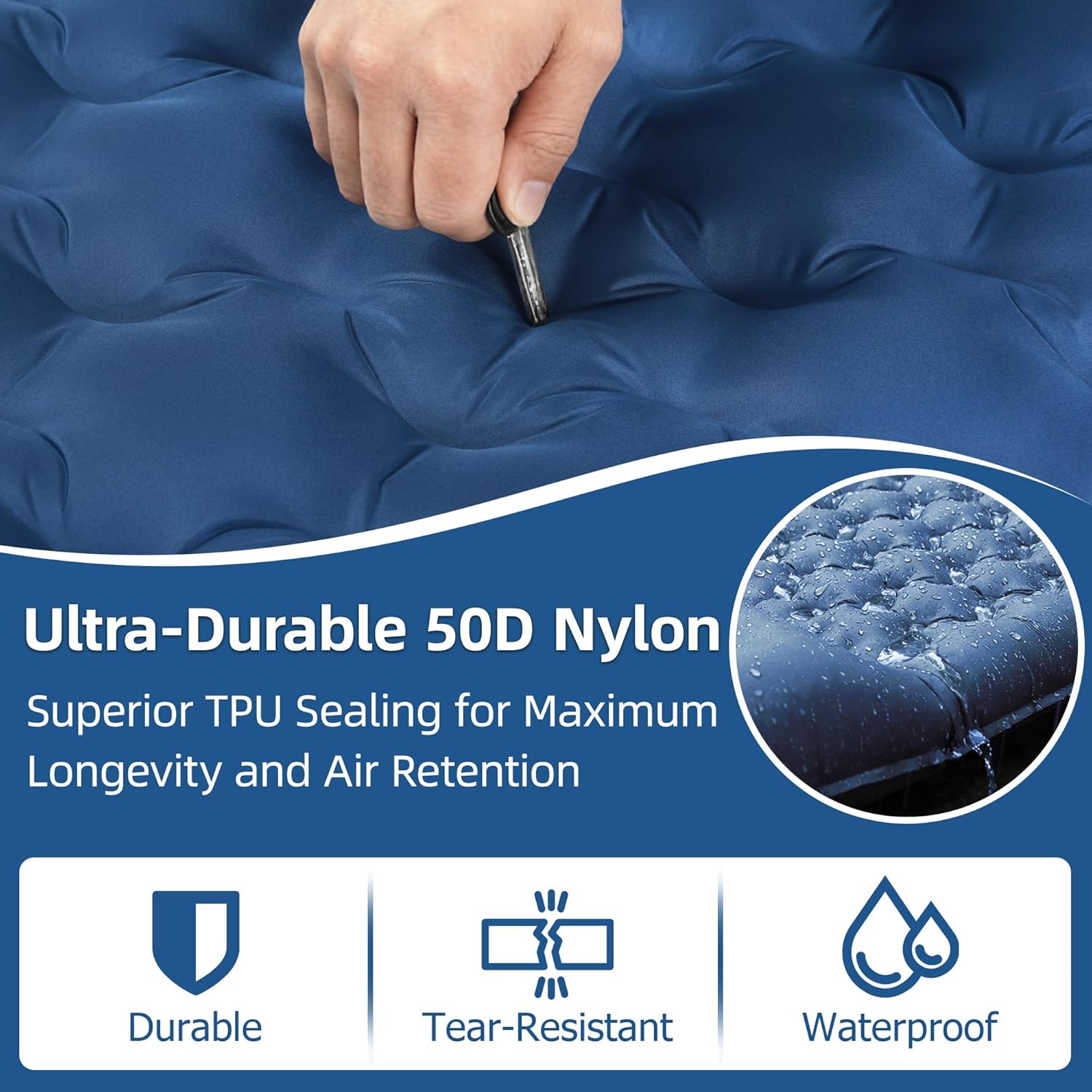 Camping Sleeping Pad, 5.1" Extra-Thick Camping Mattress with Pillow, Built-in Foot Pump Ultralight Inflatable Sleeping Pads for Camping Hiking Backpacking Traveling Tent, Navy Blue, 2 Person