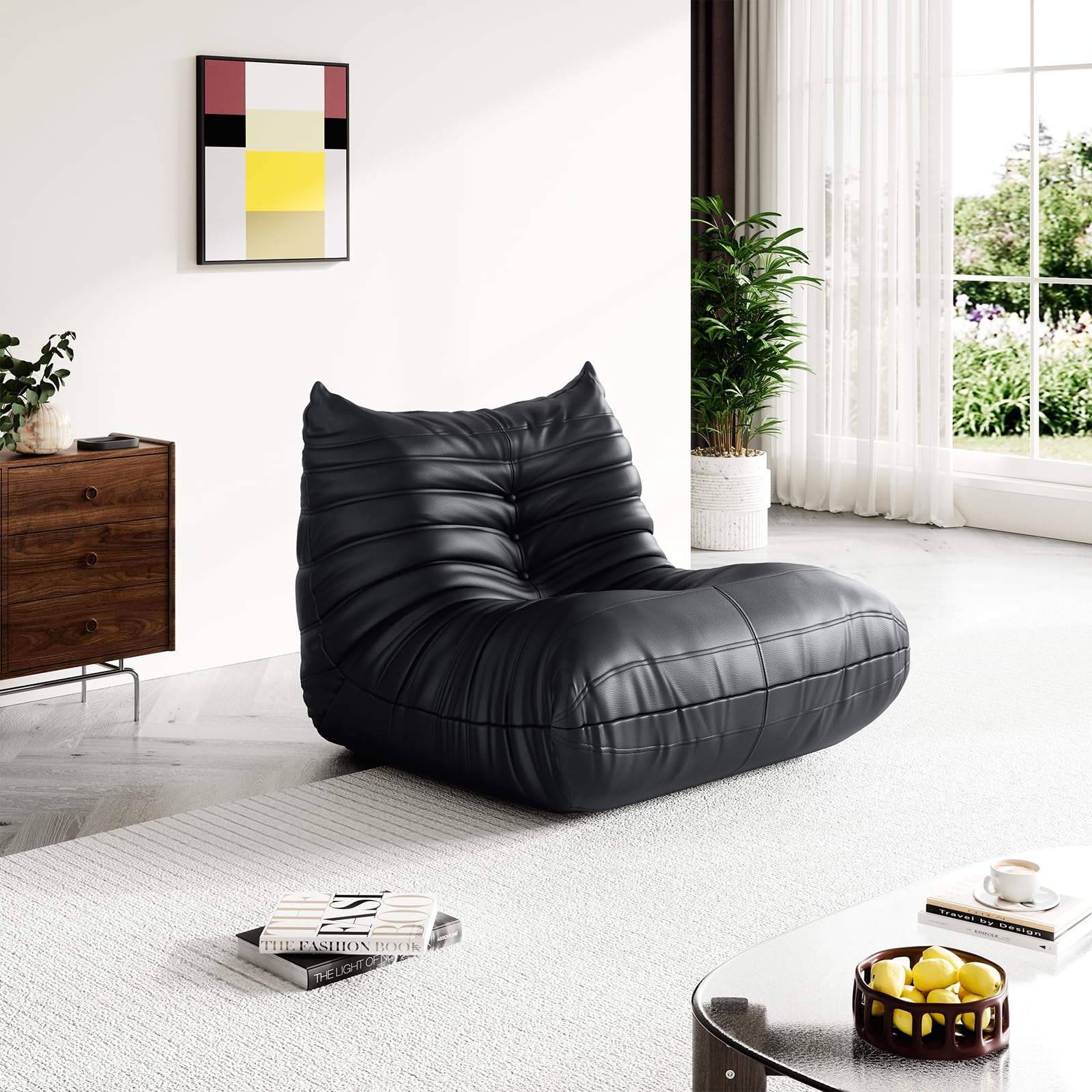 Fireside Corner Bean Bag Chairs for Adults,Comfy Lazy Floor Sofa Couch, Soft Lounge Foam-Filled Single Chair for Living Room Bedroom Office,Black