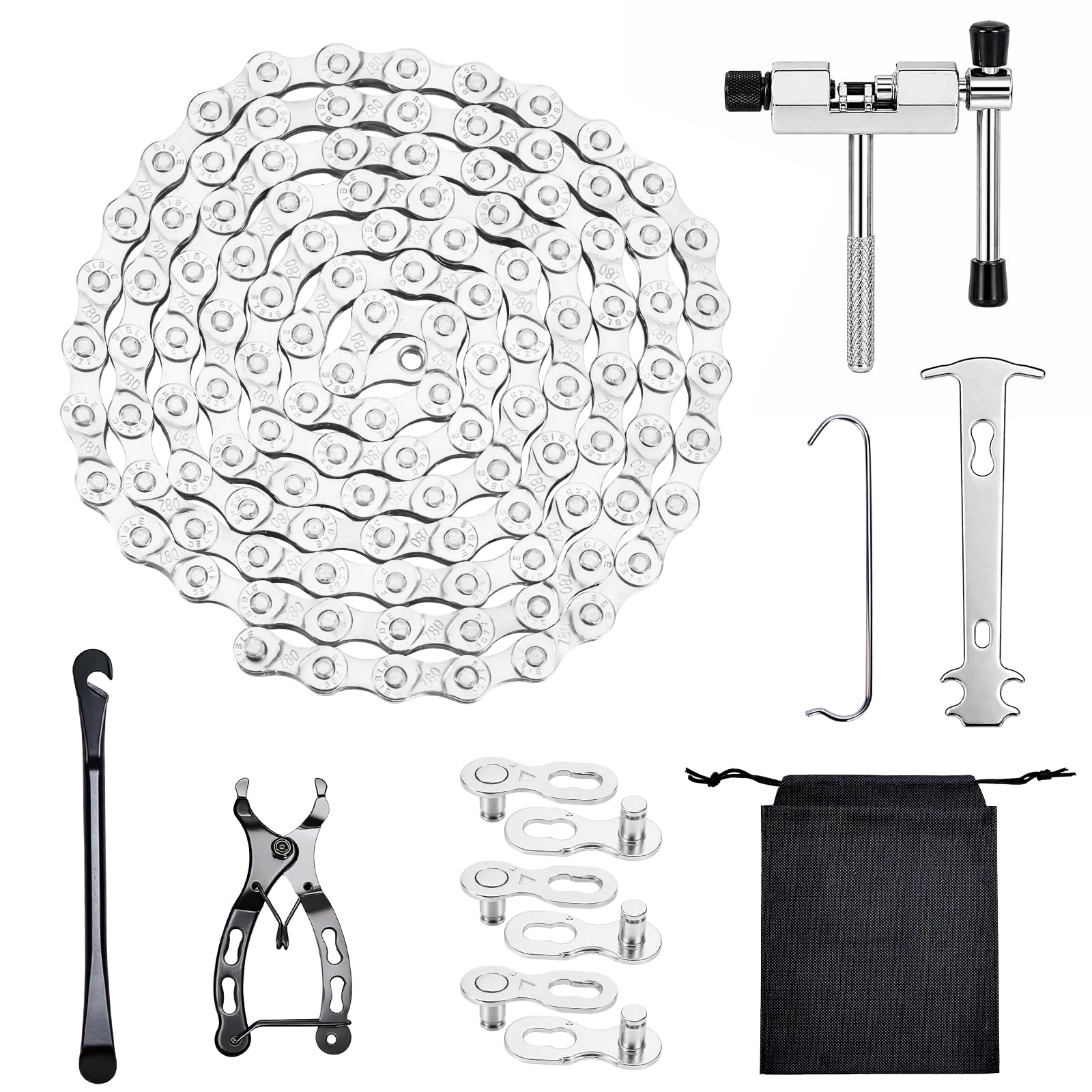 6/7/8 Speed Bike Chain, 116 Links (1/2" x 3/32"), Bicycle Chain for Mountain/Road Cycling – Maintenance Tool Kit with Chain Breaker, 3 Pairs of Quick Links, Clamp, Hook, Wear Indicator, Tyre Lever