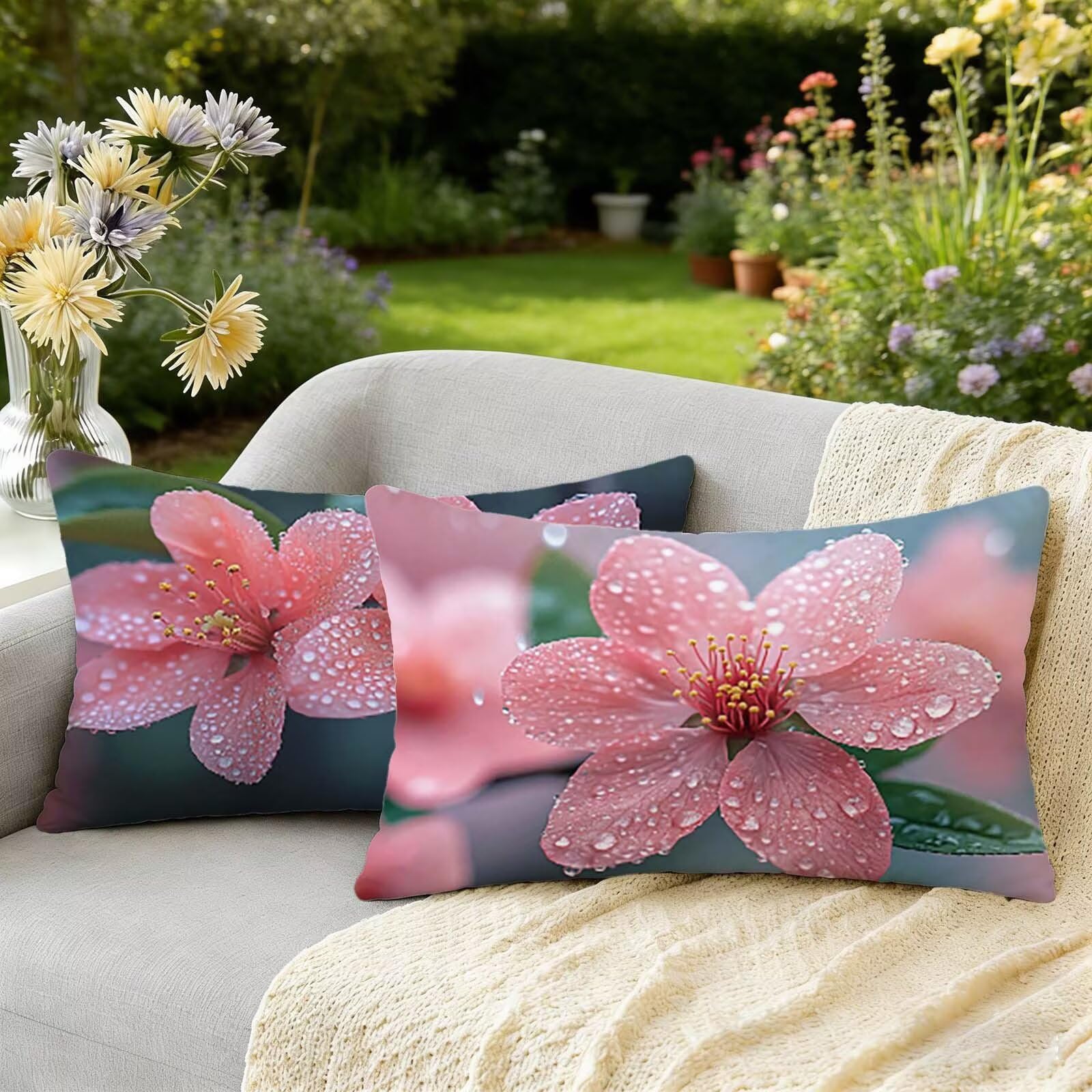 Coussin extérieur imperméable 25x45 cm en lin rose pour déco de jardin