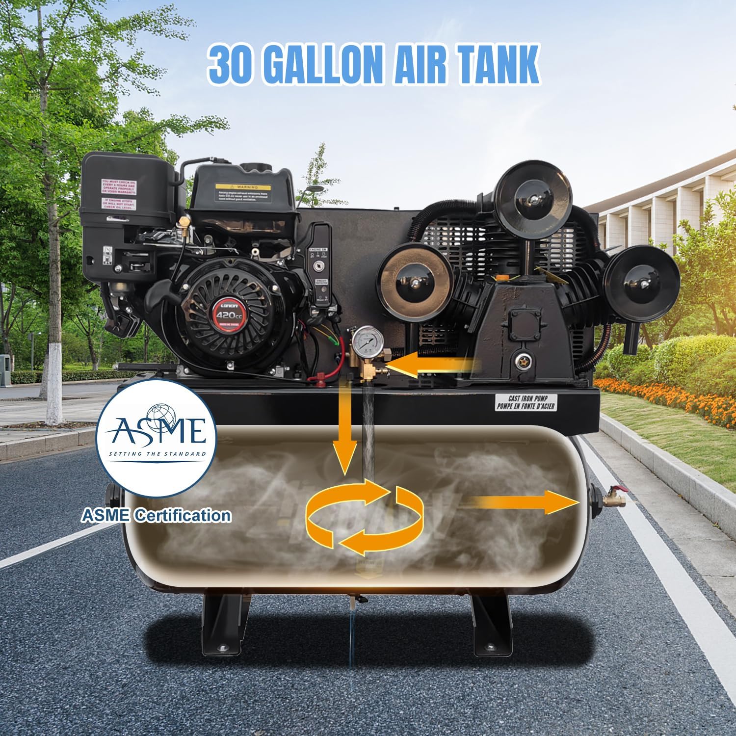 30 Gallon ASME Certified Air Tank with airflow diagram